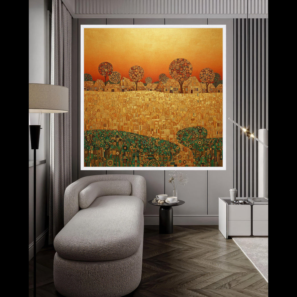 Gustav Klimt Golden Village Canvas Wall Art, Decorative Abstract Landscape, Autumn Trees and Houses, Modern Home Decor, Ready Ready To Hang,