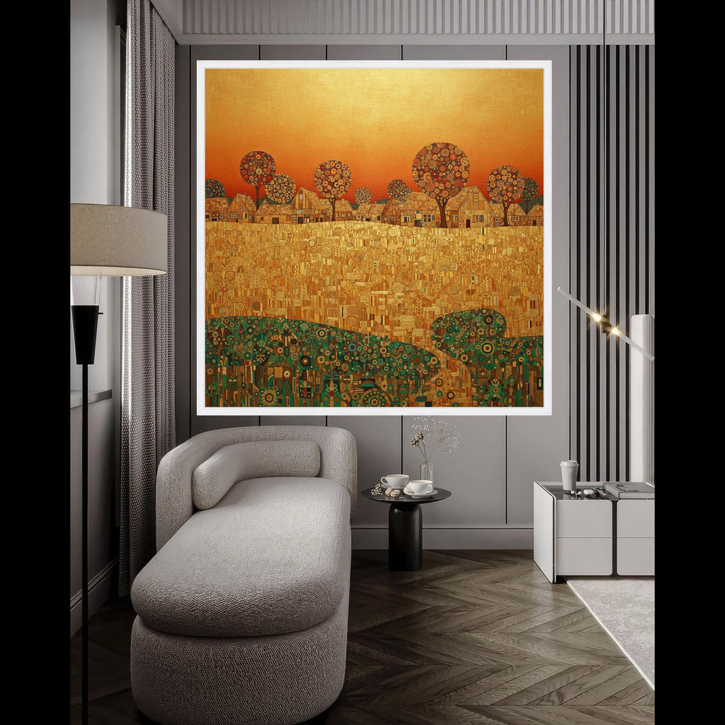 Gustav Klimt Golden Village Canvas Wall Art, Decorative Abstract Landscape, Autumn Trees and Houses, Modern Home Decor, Ready Ready To Hang,