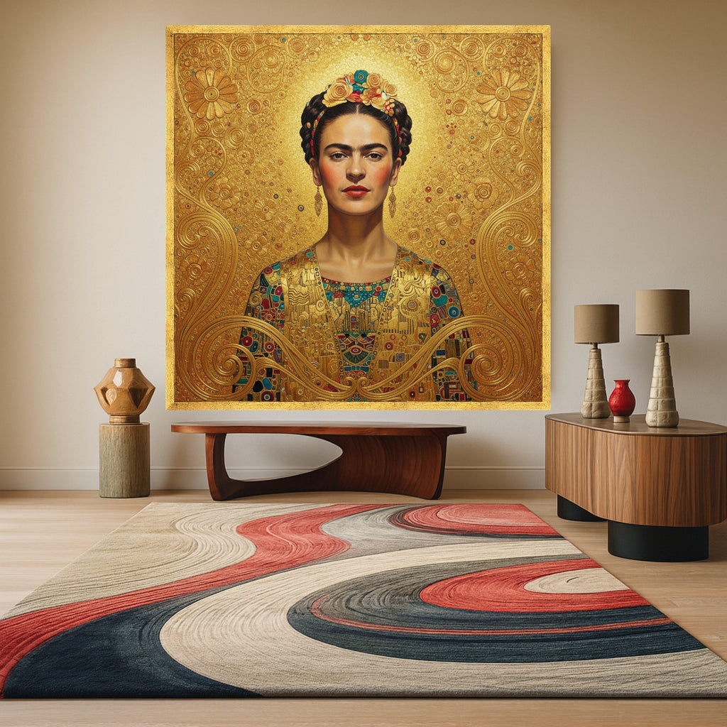 Gustav Klimt Inspired Portrait Canvas, Golden Floral Design Wall Art, Decorative Home Canvas, Elegant Female Figure Painting, Ready To Hang,