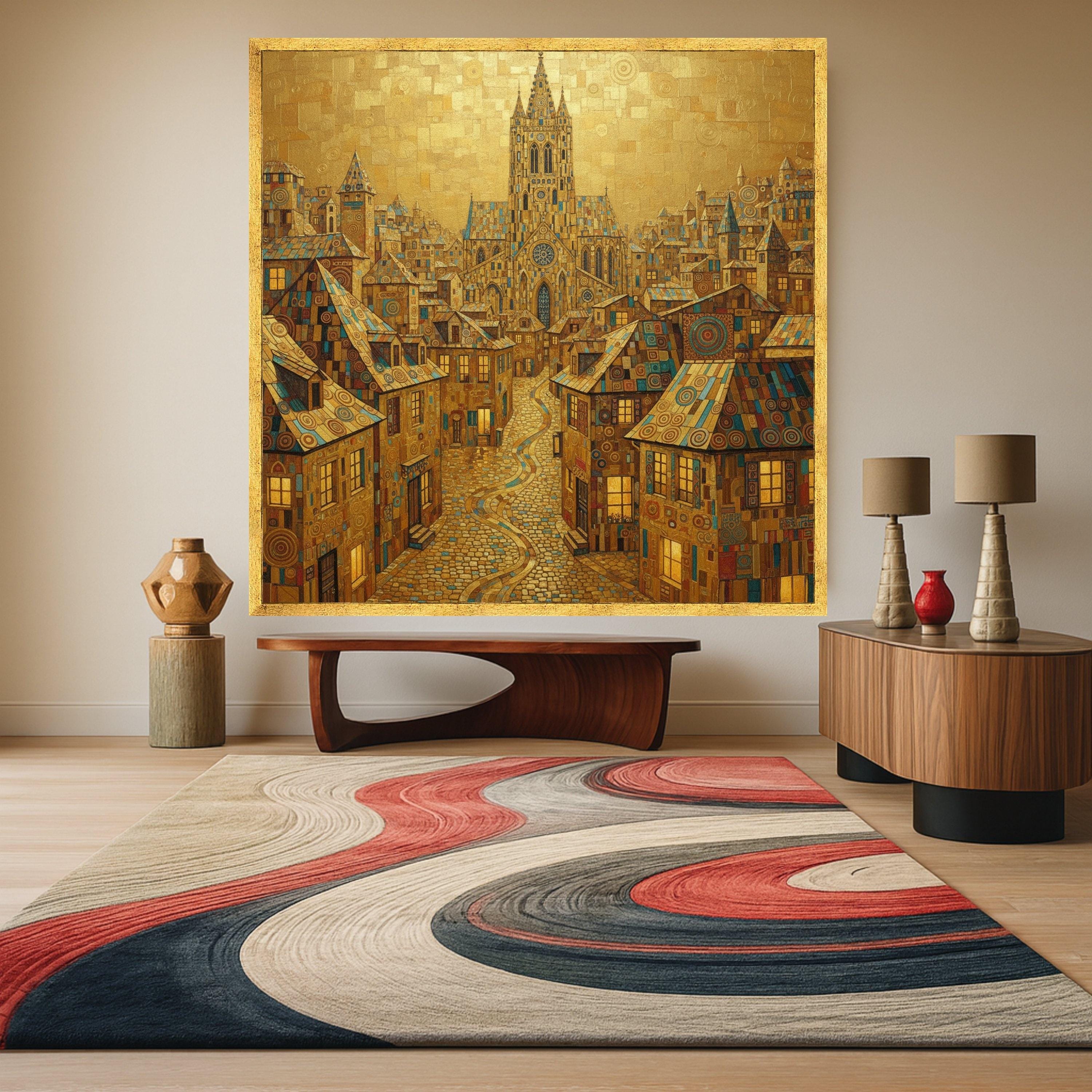 Gustav Klimt Cityscape Canvas Wall Art, Golden Urban Landscape, Decorative European Architecture, Ornate Town Street Canvas, Ready To Hang,