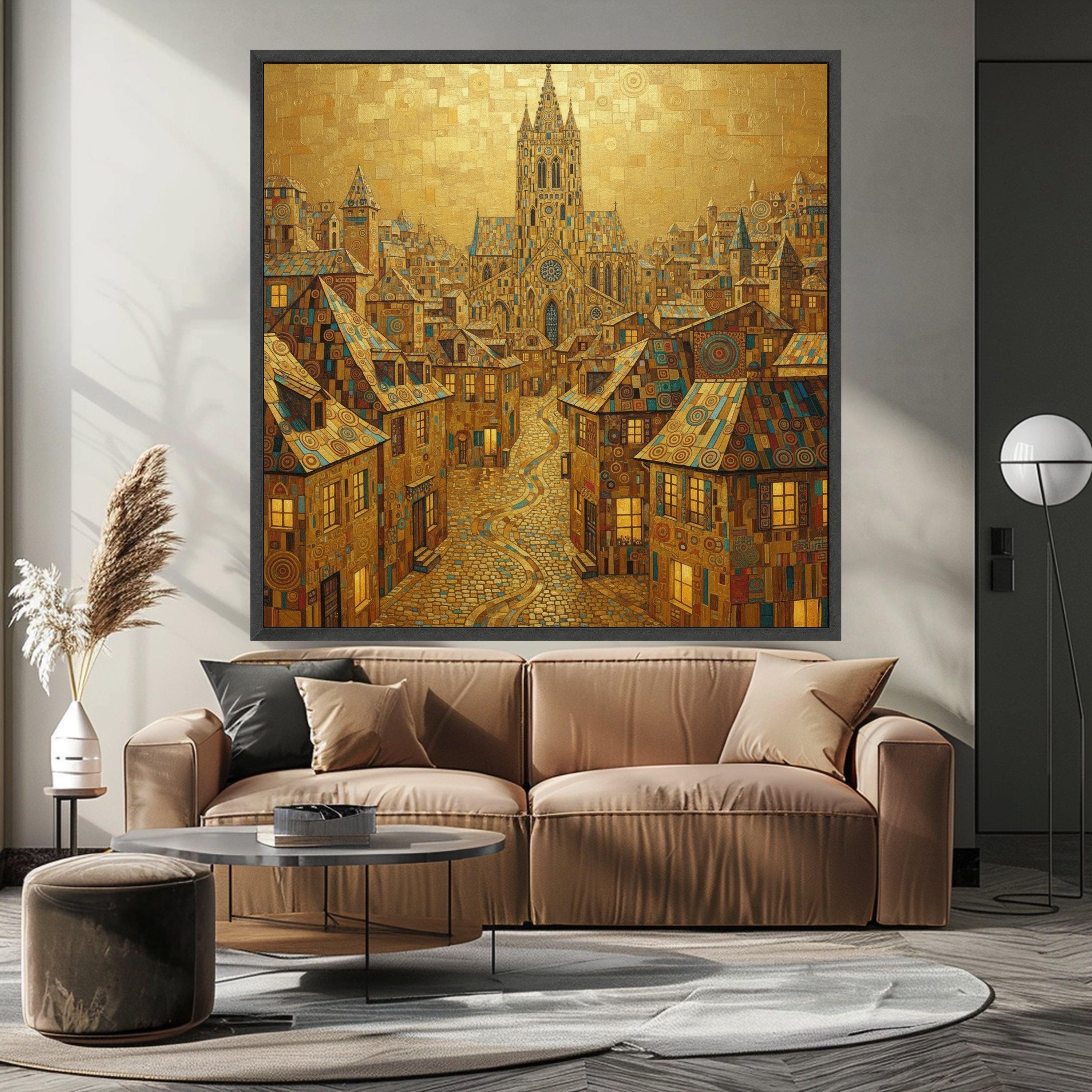 Gustav Klimt Cityscape Canvas Wall Art, Golden Urban Landscape, Decorative European Architecture, Ornate Town Street Canvas, Ready To Hang,