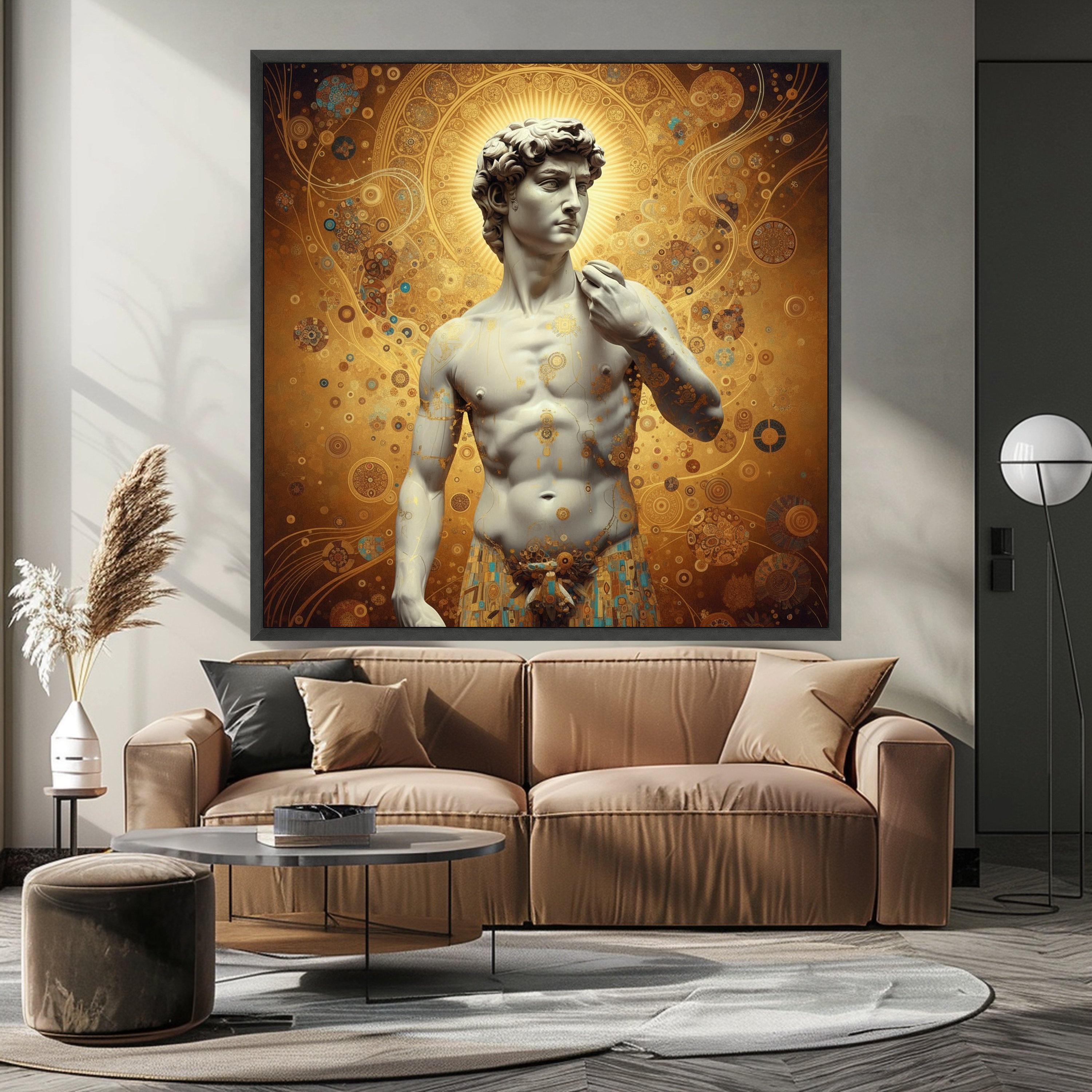 Classical David Sculpture Canvas with Gustav Klimt Gold Pattern, Renaissance Art Wall Decor, Decorative Canvas for Home, Ready To Hang,