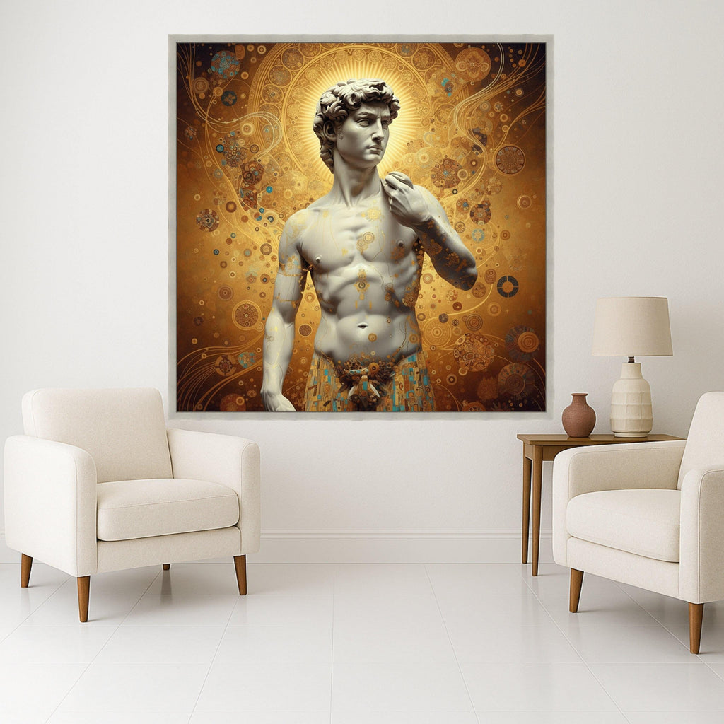 Classical David Sculpture Canvas with Gustav Klimt Gold Pattern, Renaissance Art Wall Decor, Decorative Canvas for Home, Ready To Hang,