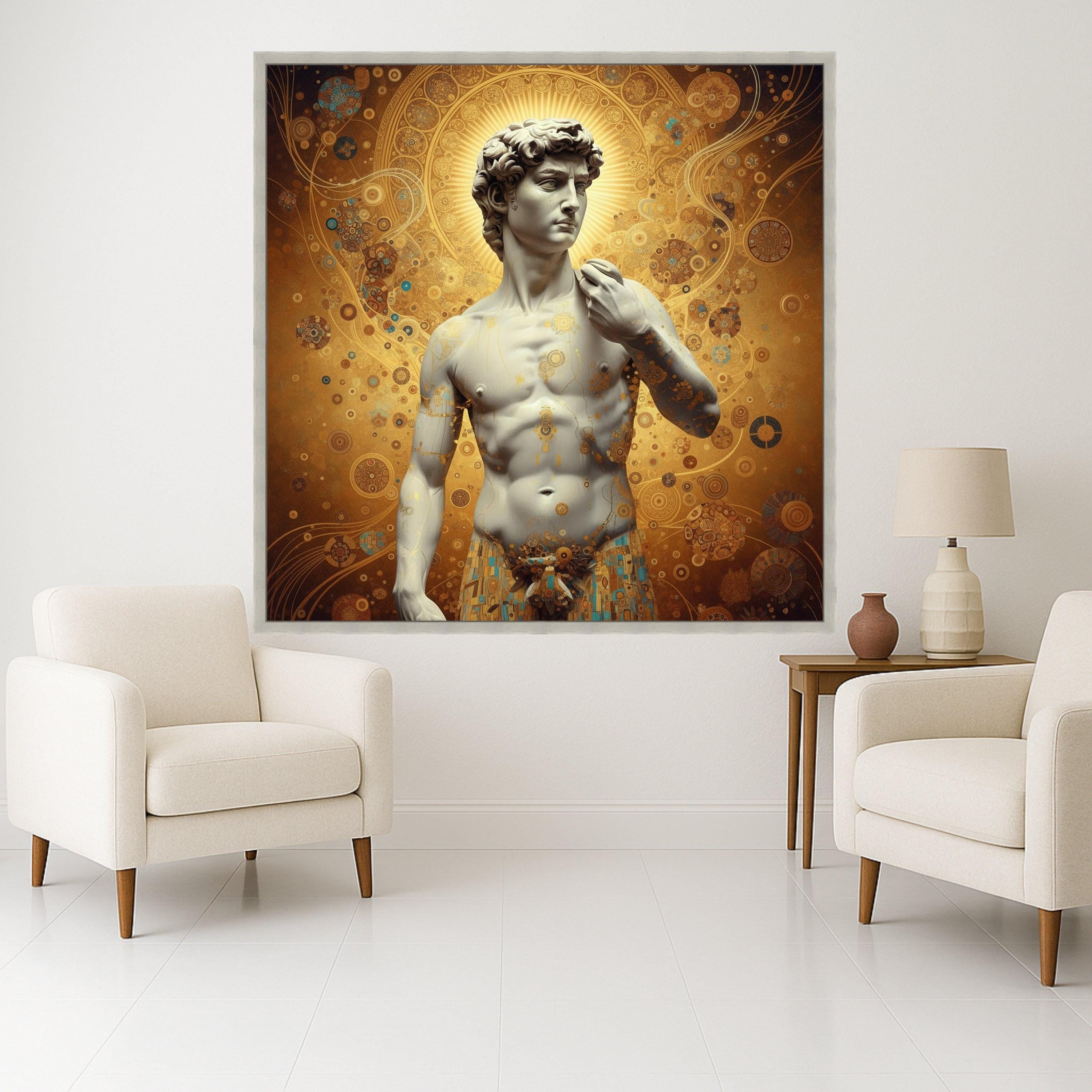 Classical David Sculpture Canvas with Gustav Klimt Gold Pattern, Renaissance Art Wall Decor, Decorative Canvas for Home, Ready To Hang,