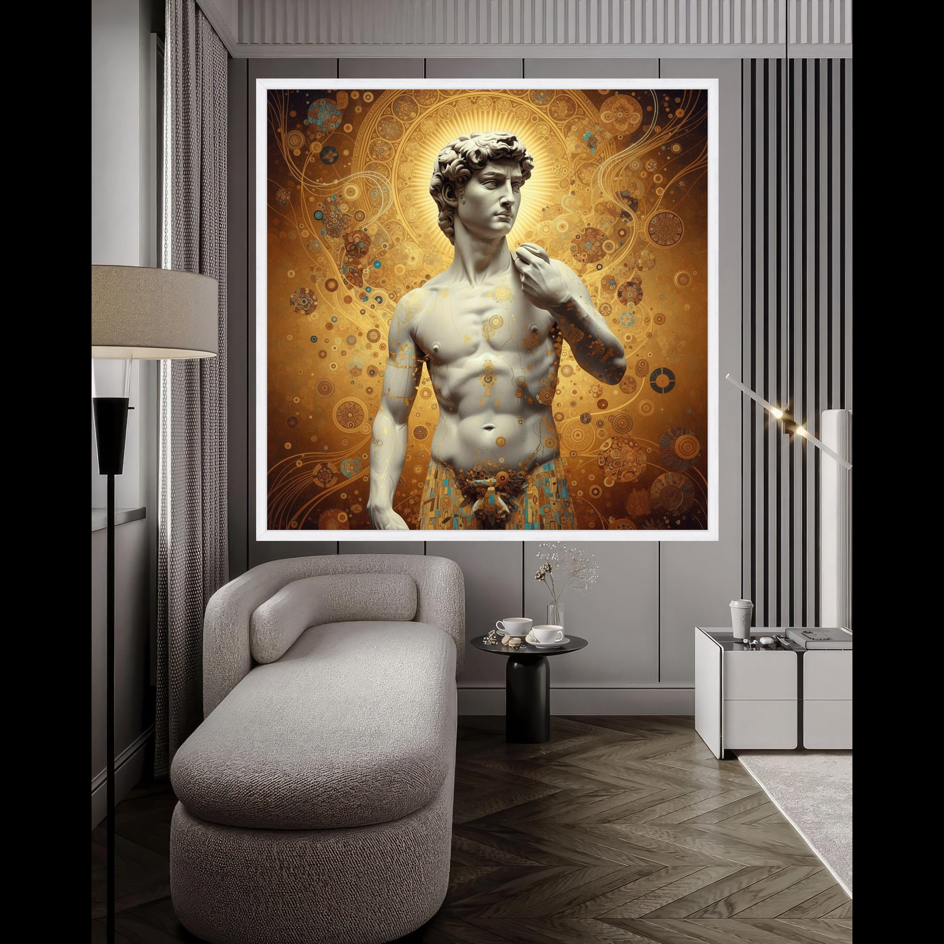 Classical David Sculpture Canvas with Gustav Klimt Gold Pattern, Renaissance Art Wall Decor, Decorative Canvas for Home, Ready To Hang,