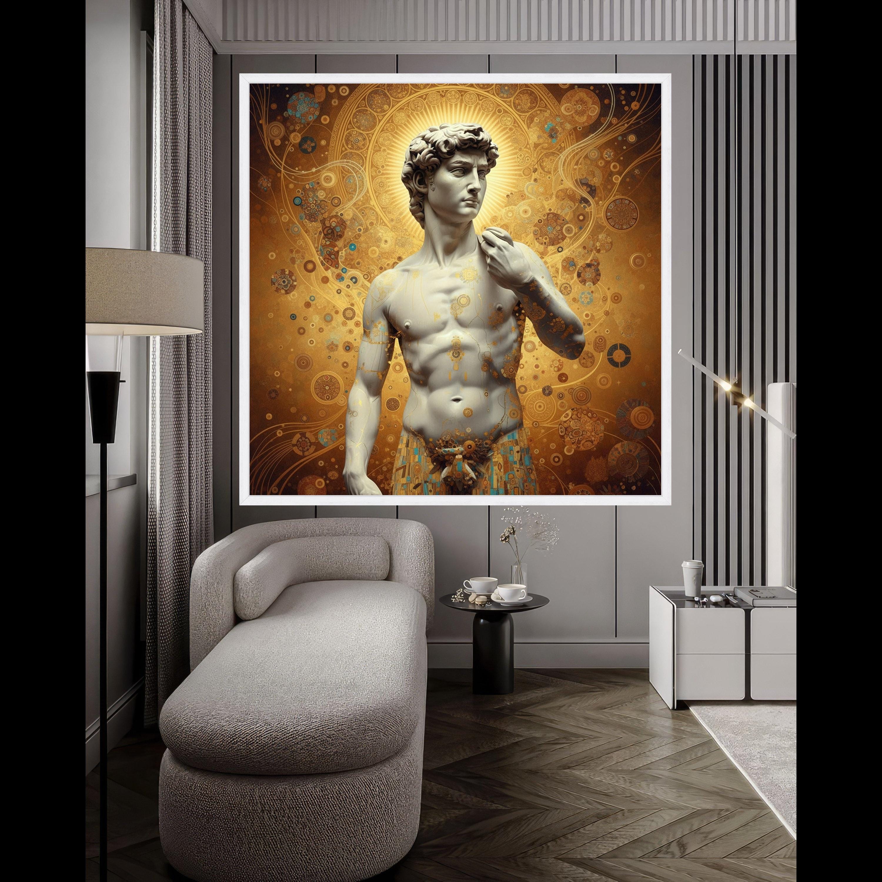 Classical David Sculpture Canvas with Gustav Klimt Gold Pattern, Renaissance Art Wall Decor, Decorative Canvas for Home, Ready To Hang,
