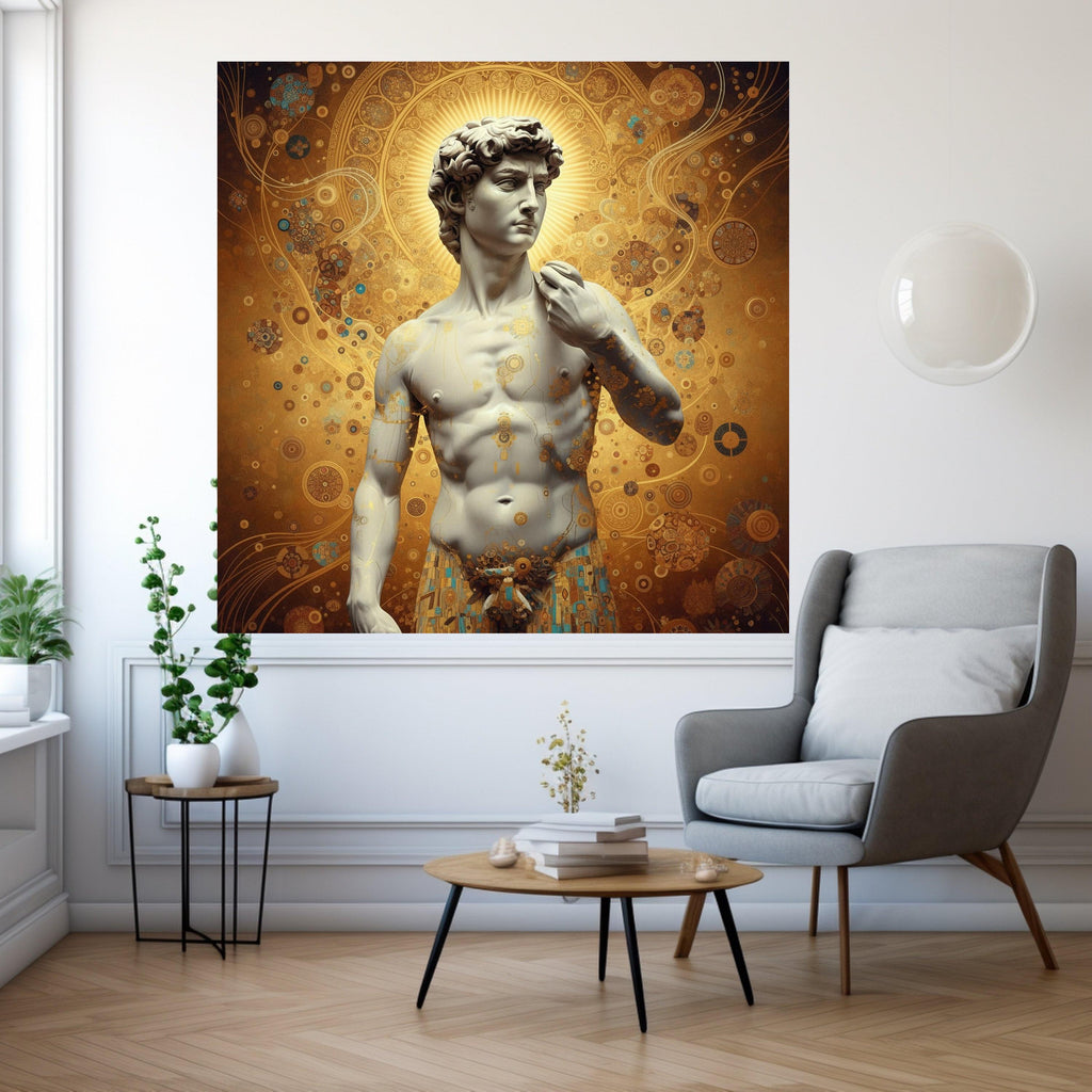 Classical David Sculpture Canvas with Gustav Klimt Gold Pattern, Renaissance Art Wall Decor, Decorative Canvas for Home, Ready To Hang,