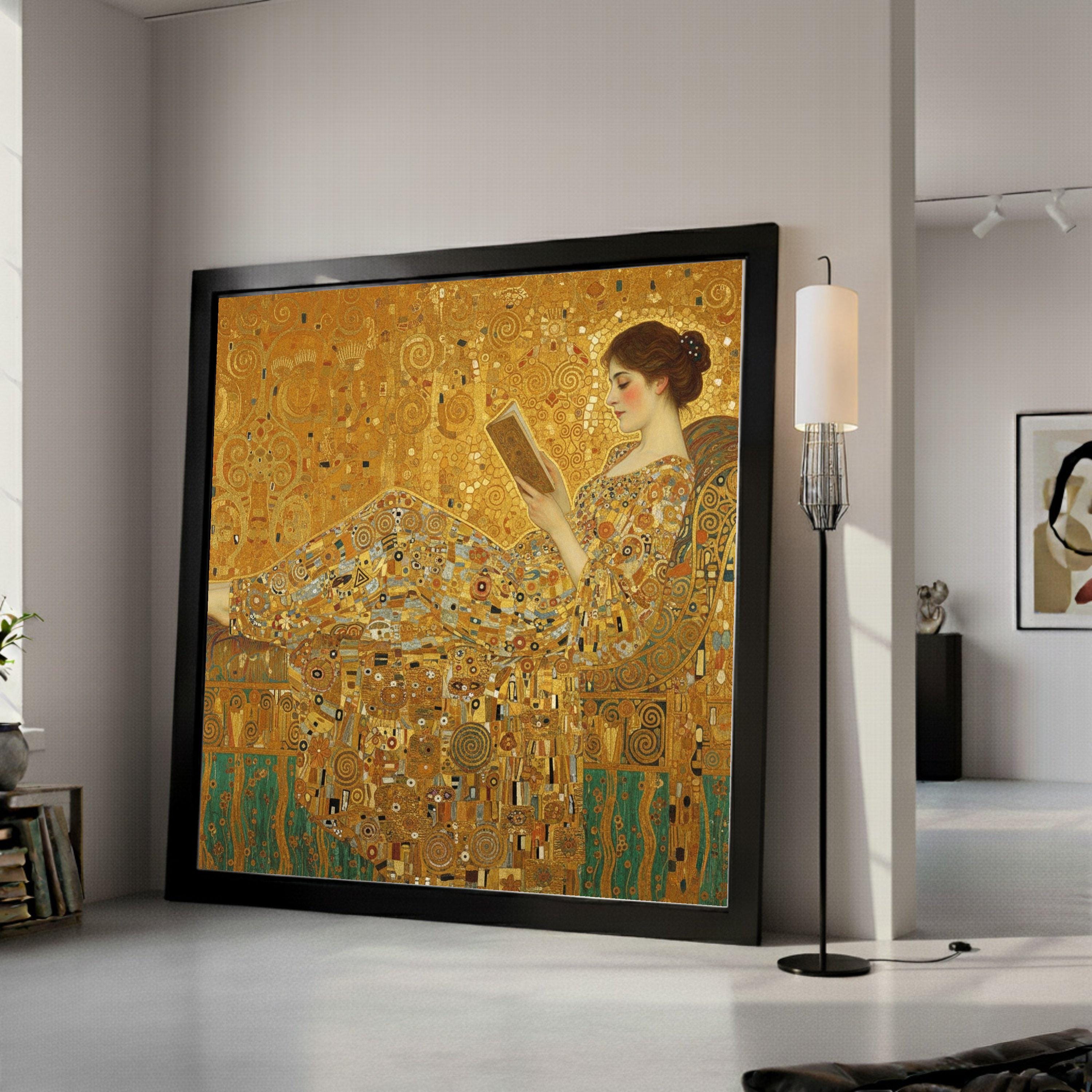 Gustav Klimt Reclining Woman Canvas Wall Art, Elegant Reading Scene, Decorative Gold Patterned Home Decor, Fine Art Ready To Hang,