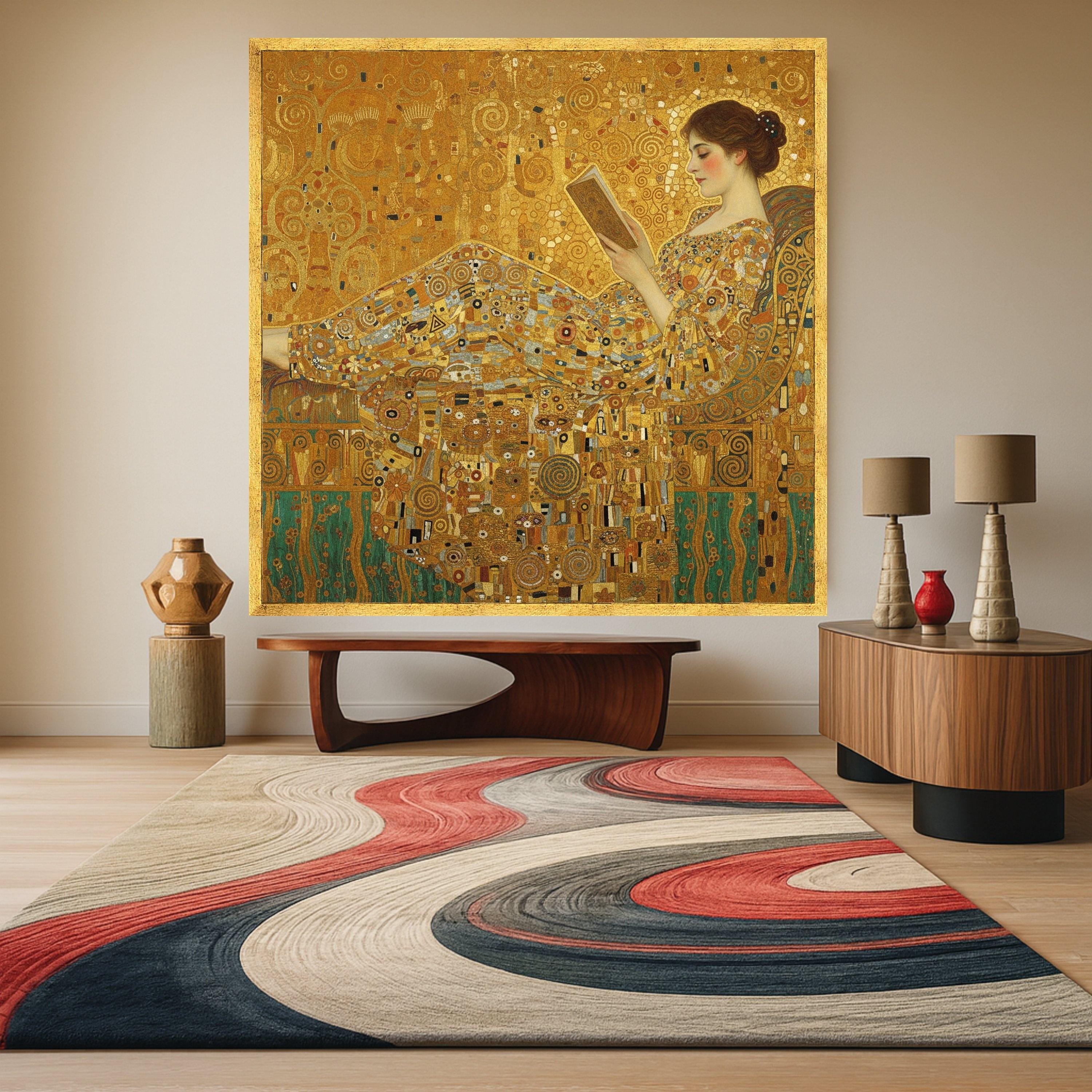 Gustav Klimt Reclining Woman Canvas Wall Art, Elegant Reading Scene, Decorative Gold Patterned Home Decor, Fine Art Ready To Hang,