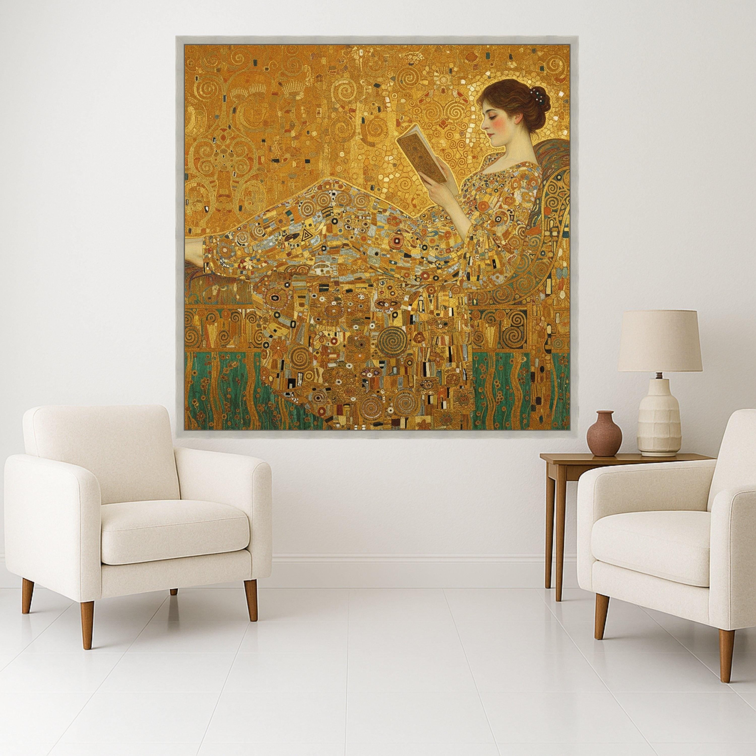 Gustav Klimt Reclining Woman Canvas Wall Art, Elegant Reading Scene, Decorative Gold Patterned Home Decor, Fine Art Ready To Hang,