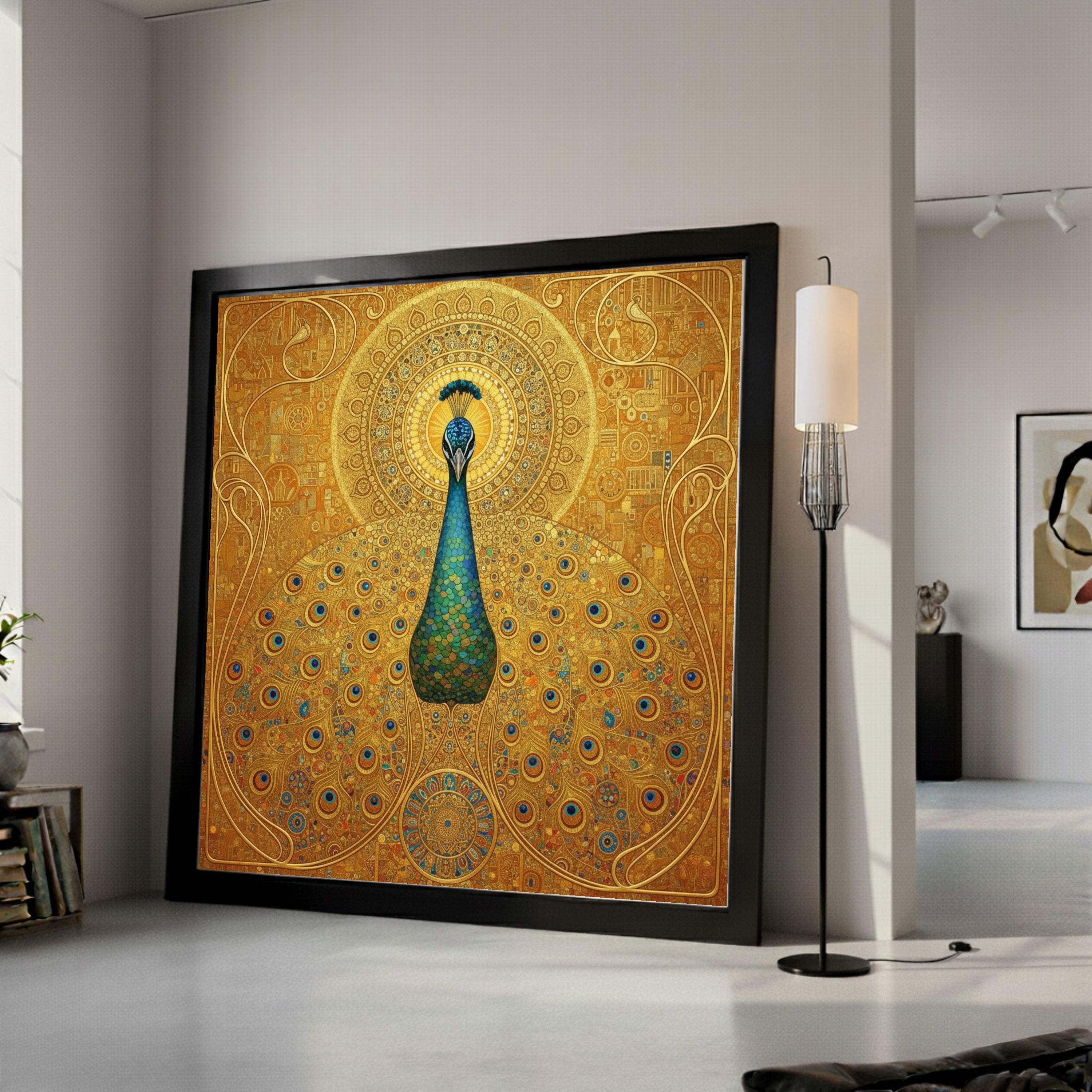 Majestic Peacock Canvas Wall Art by Gustav Klimt, Ornate Gold Decor, Vibrant Blue and Green Bird Painting, Elegant Nature Ready To Hang,