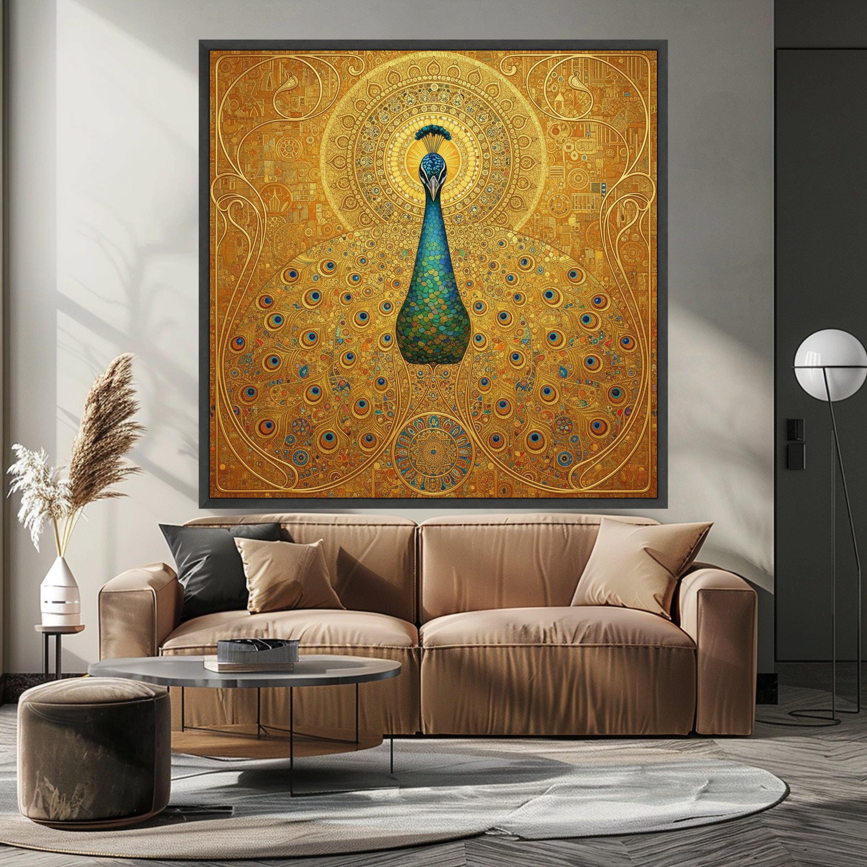 Majestic Peacock Canvas Wall Art by Gustav Klimt, Ornate Gold Decor, Vibrant Blue and Green Bird Painting, Elegant Nature Ready To Hang,