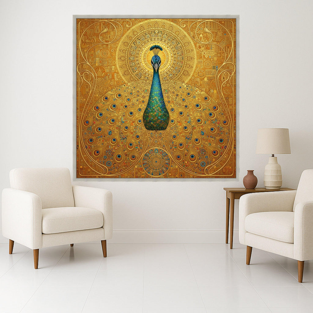 Majestic Peacock Canvas Wall Art by Gustav Klimt, Ornate Gold Decor, Vibrant Blue and Green Bird Painting, Elegant Nature Ready To Hang,