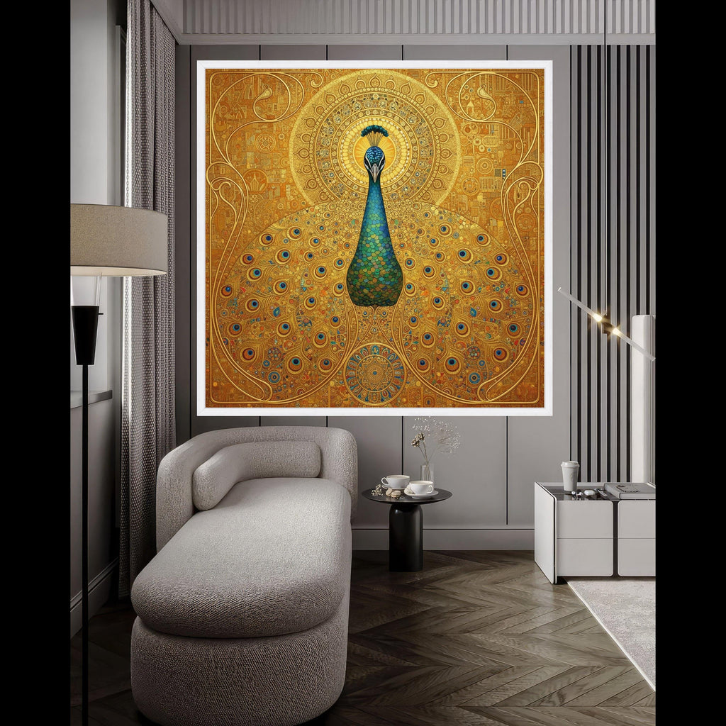 Majestic Peacock Canvas Wall Art by Gustav Klimt, Ornate Gold Decor, Vibrant Blue and Green Bird Painting, Elegant Nature Ready To Hang,