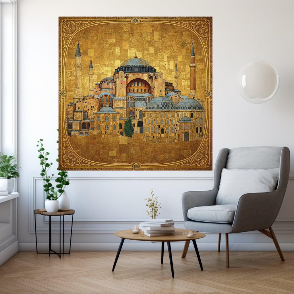 Hagia Sophia Istanbul Canvas Wall Art, Gustav Klimt Architecture Painting, Historic Landmark Decor, Golden Byzantine Canvas, Ready To Hang,