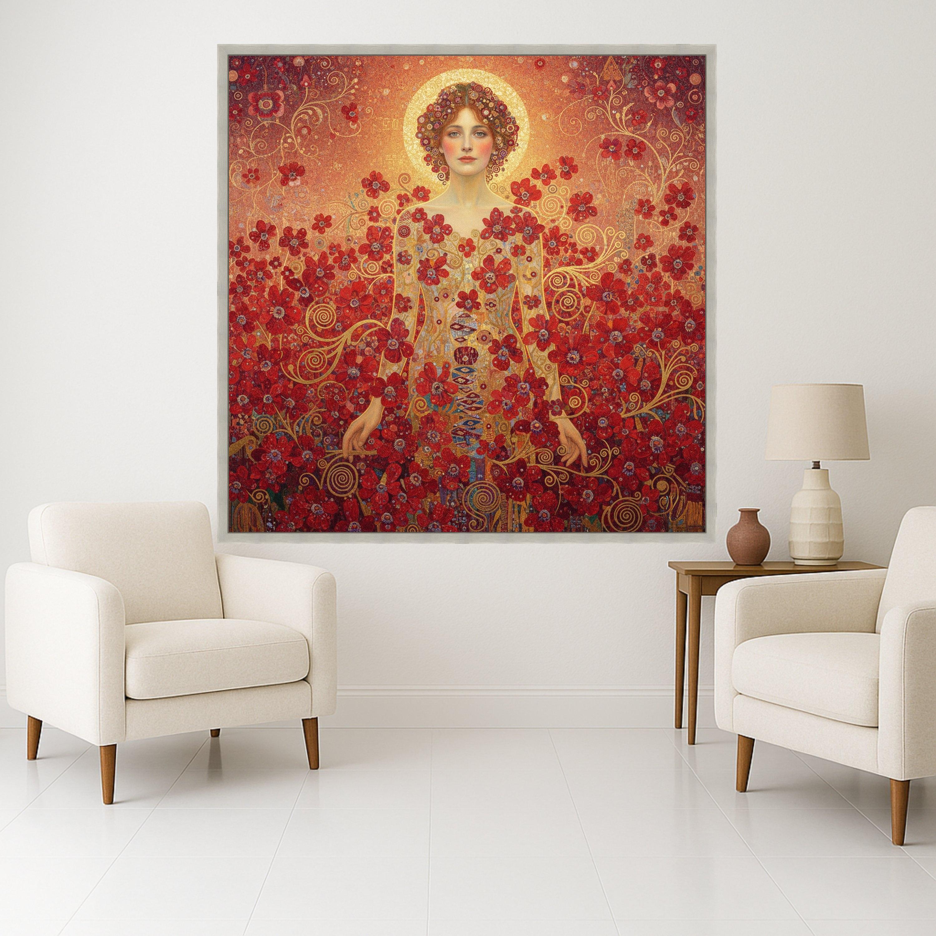 Gustav Klimt Woman with Red Flowers Canvas, Floral Portrait Wall Art, Elegant Female Figure Canvas, Decorative Home Art Print Ready To Hang,
