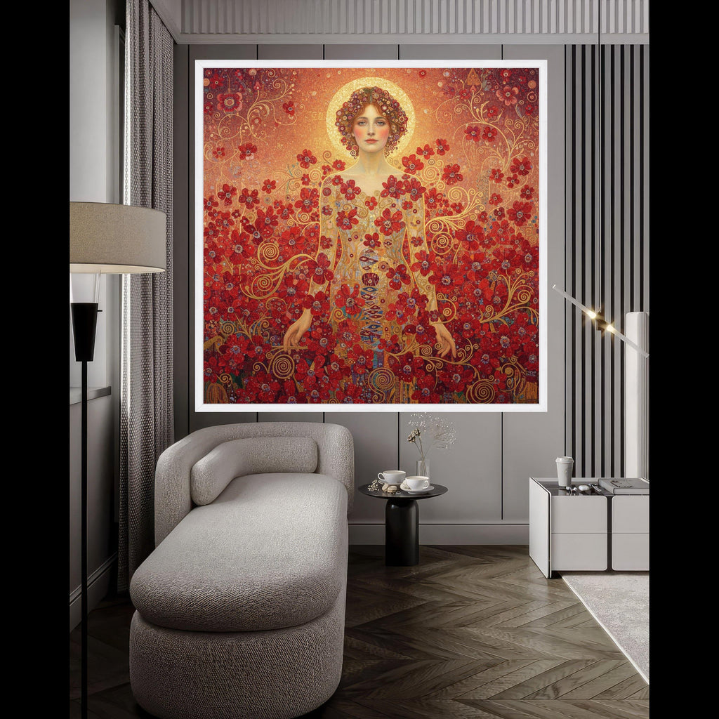 Gustav Klimt Woman with Red Flowers Canvas, Floral Portrait Wall Art, Elegant Female Figure Canvas, Decorative Home Art Print Ready To Hang,