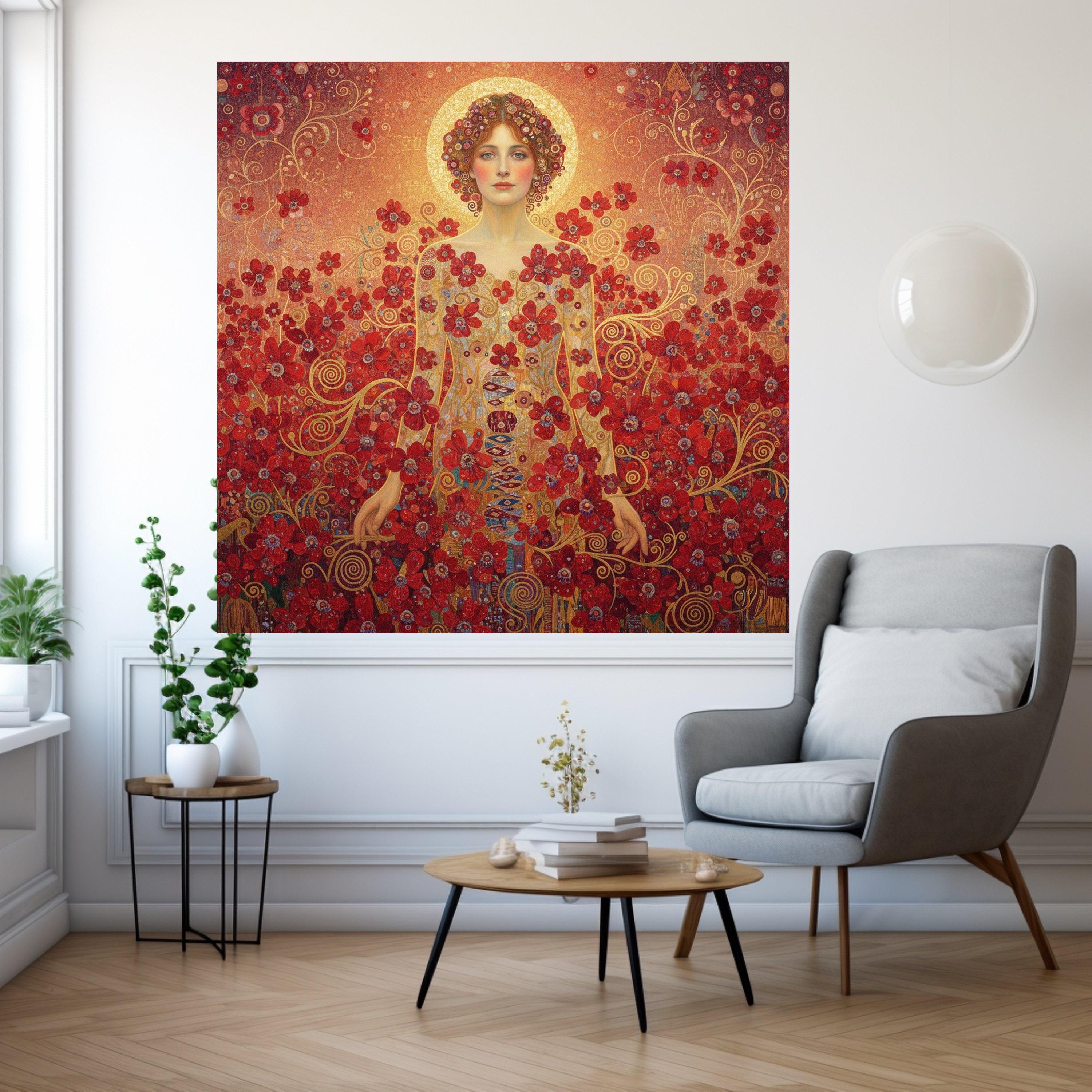 Gustav Klimt Woman with Red Flowers Canvas, Floral Portrait Wall Art, Elegant Female Figure Canvas, Decorative Home Art Print Ready To Hang,