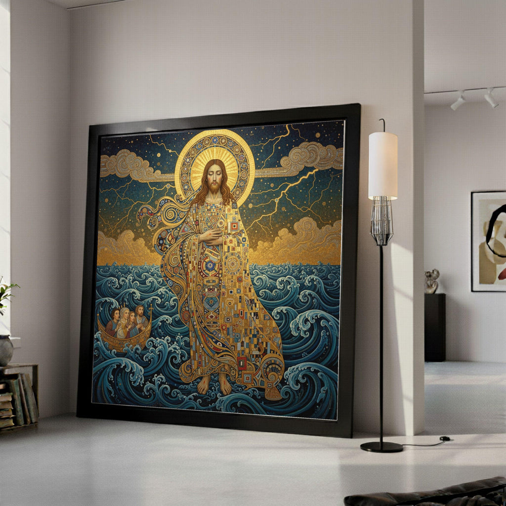 Gustav Klimt Jesus Walking on Water Canvas, Religious Wall Art, Spiritual Home Decoration, Golden Halo Canvas, Christian Ready To Hang,