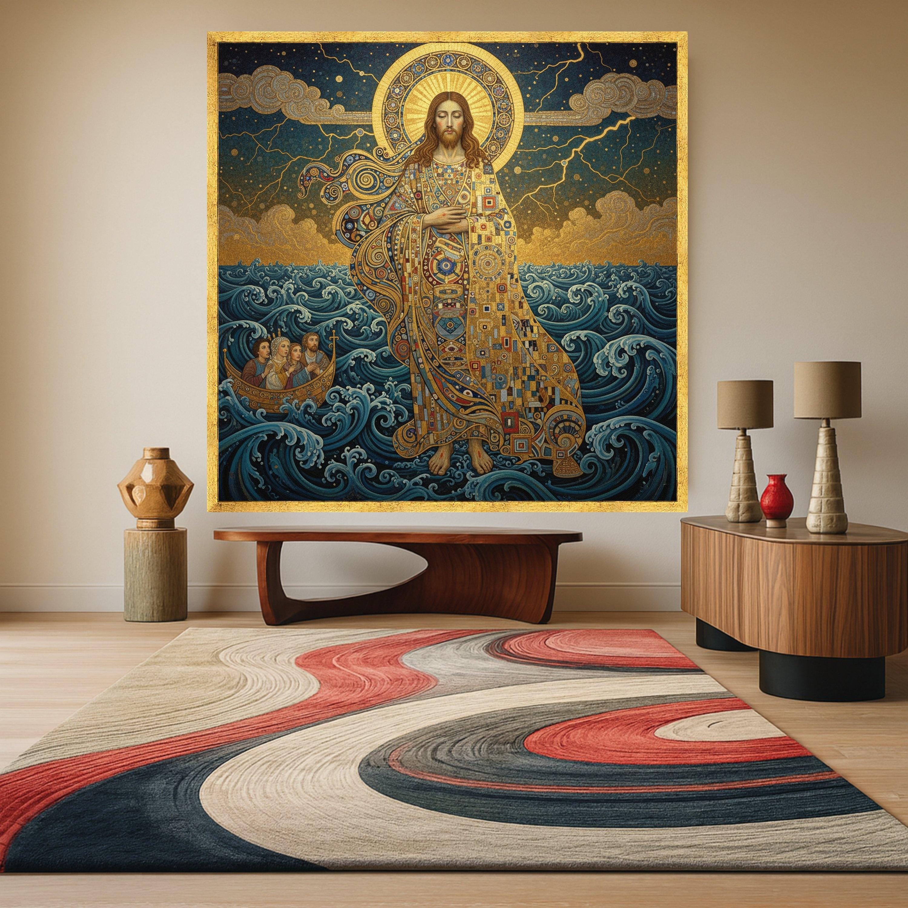 Gustav Klimt Jesus Walking on Water Canvas, Religious Wall Art, Spiritual Home Decoration, Golden Halo Canvas, Christian Ready To Hang,