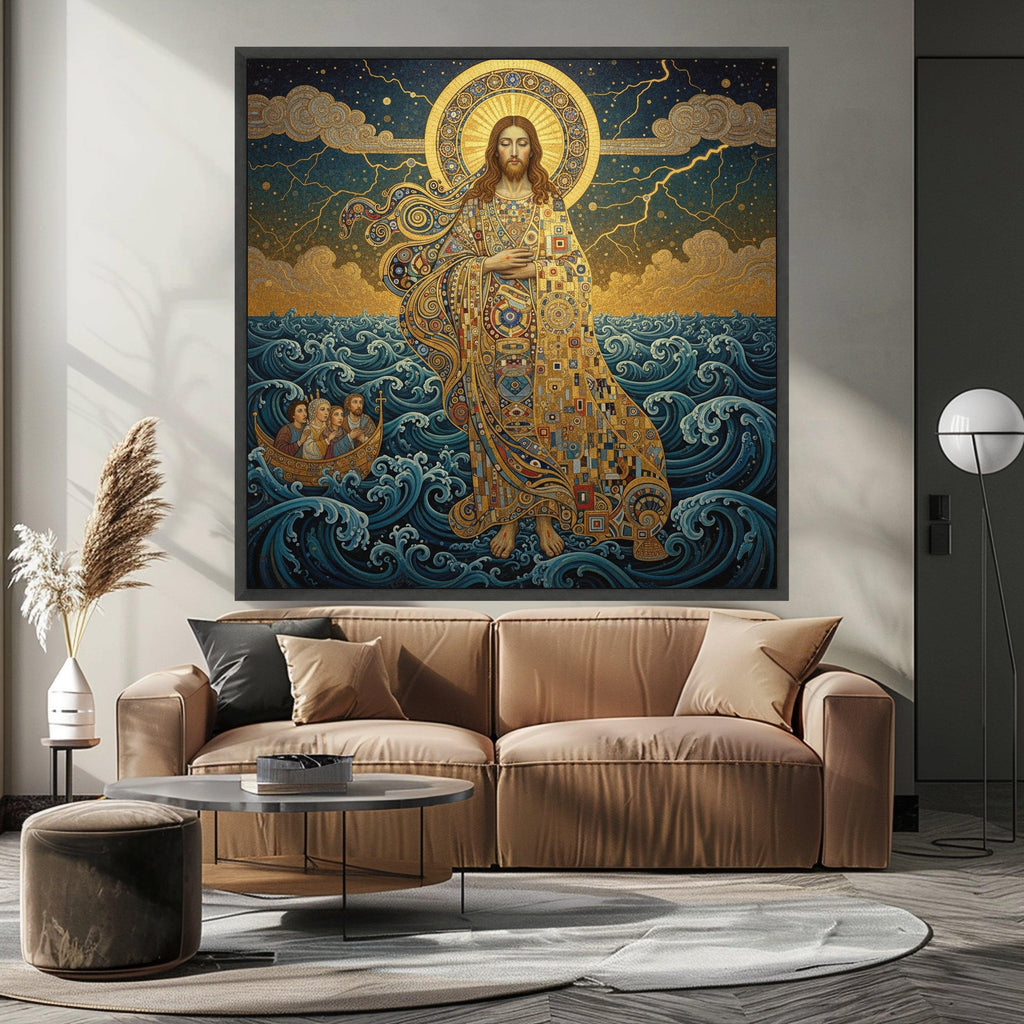 Gustav Klimt Jesus Walking on Water Canvas, Religious Wall Art, Spiritual Home Decoration, Golden Halo Canvas, Christian Ready To Hang,