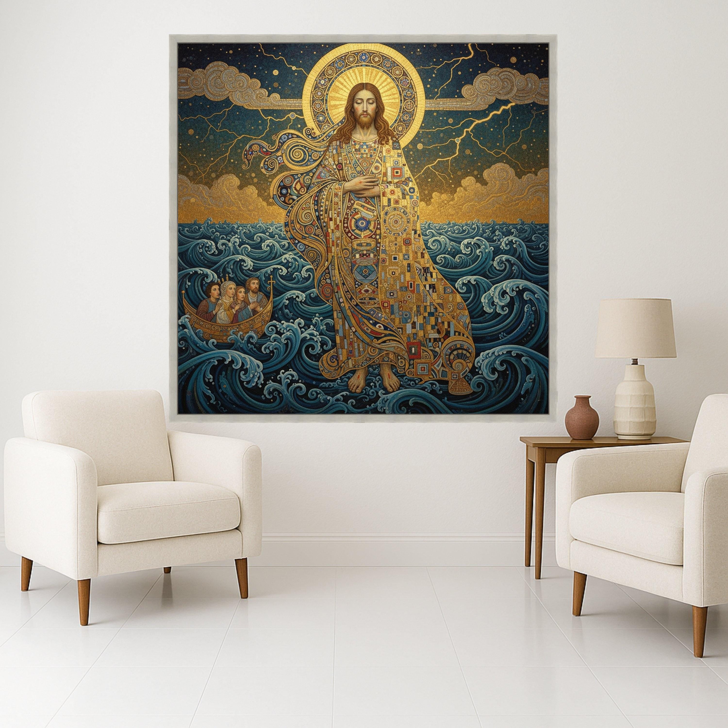 Gustav Klimt Jesus Walking on Water Canvas, Religious Wall Art, Spiritual Home Decoration, Golden Halo Canvas, Christian Ready To Hang,