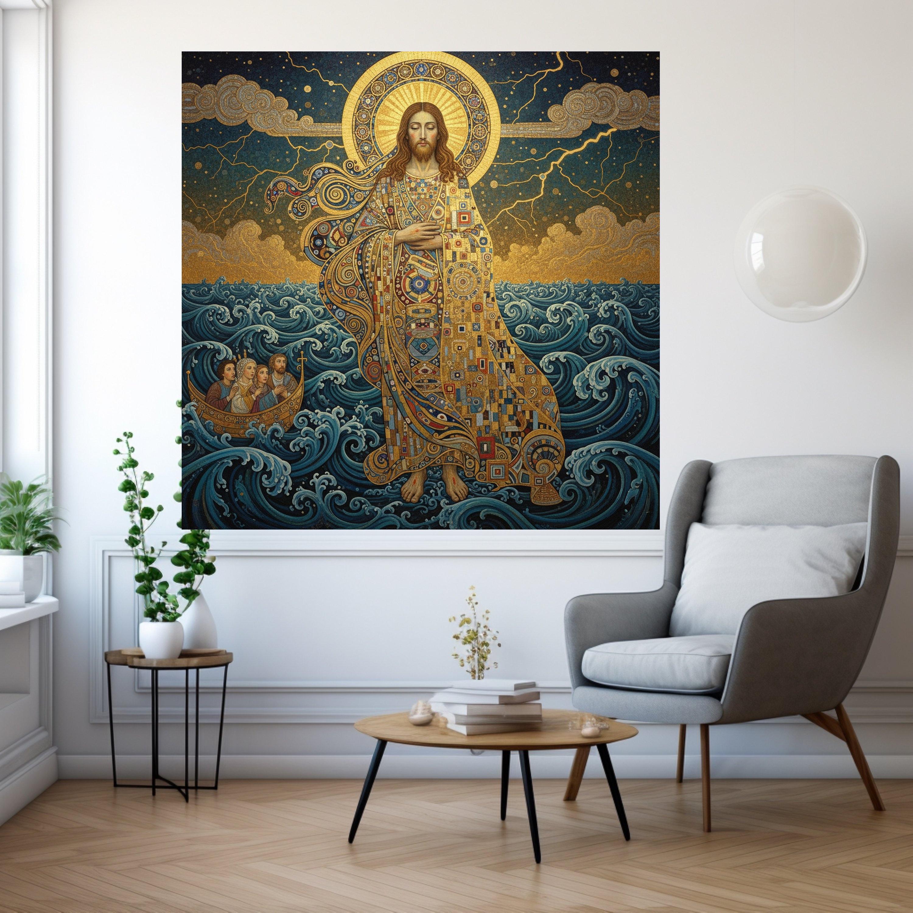 Gustav Klimt Jesus Walking on Water Canvas, Religious Wall Art, Spiritual Home Decoration, Golden Halo Canvas, Christian Ready To Hang,