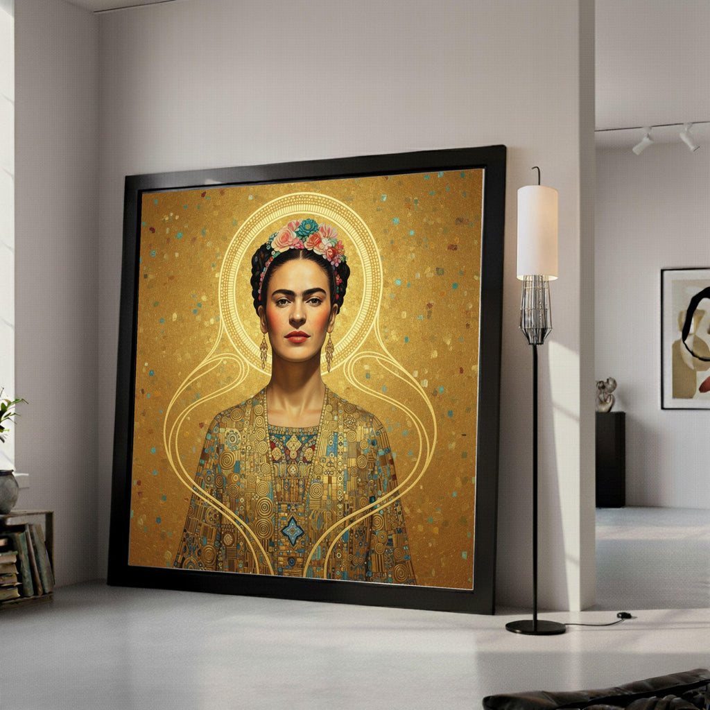 Gustav Klimt Inspired Portrait Canvas, Golden Geometric Pattern Wall Art, Decorative Female Figure, Luxe Home Decoration Ready To Hang,