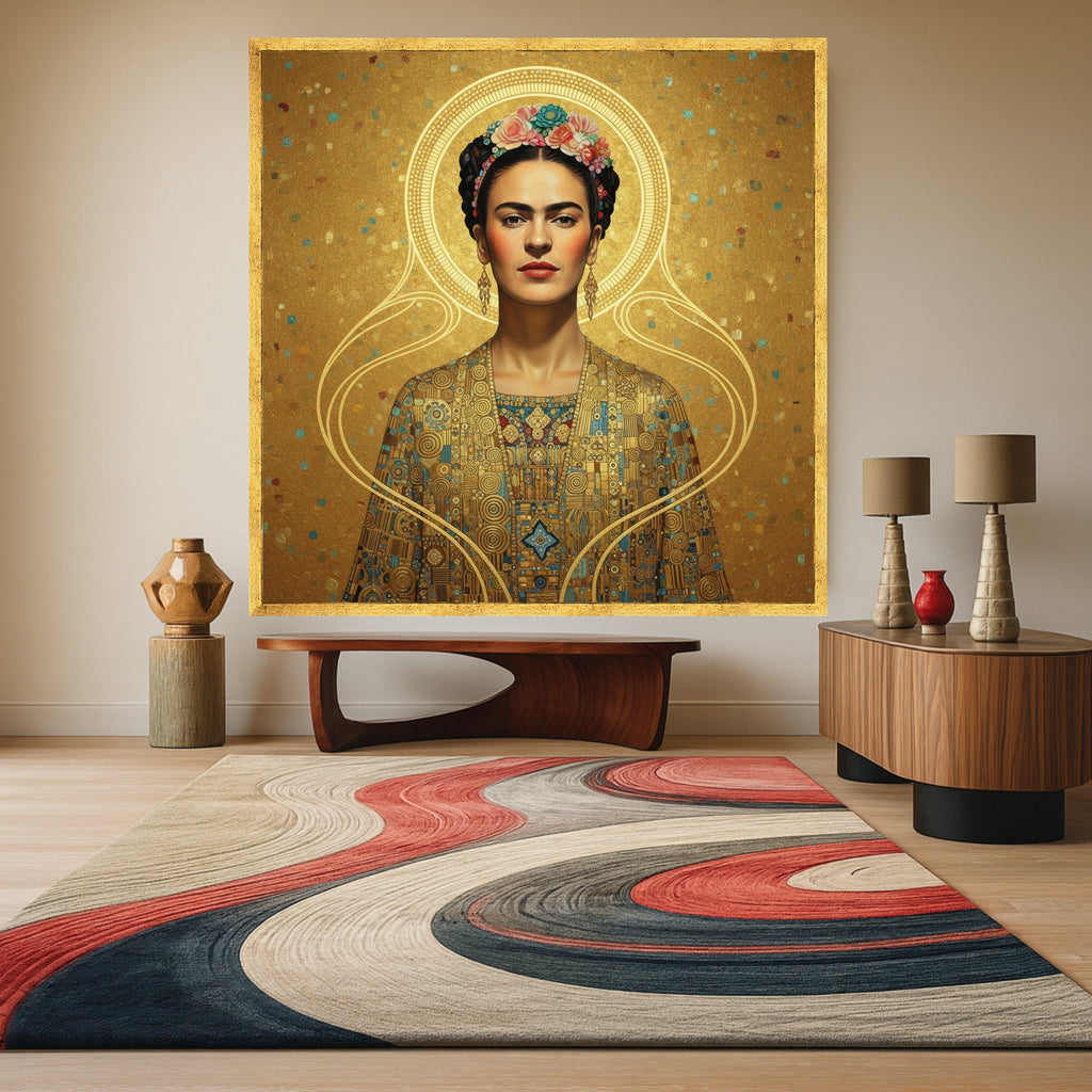 Gustav Klimt Inspired Portrait Canvas, Golden Geometric Pattern Wall Art, Decorative Female Figure, Luxe Home Decoration Ready To Hang,