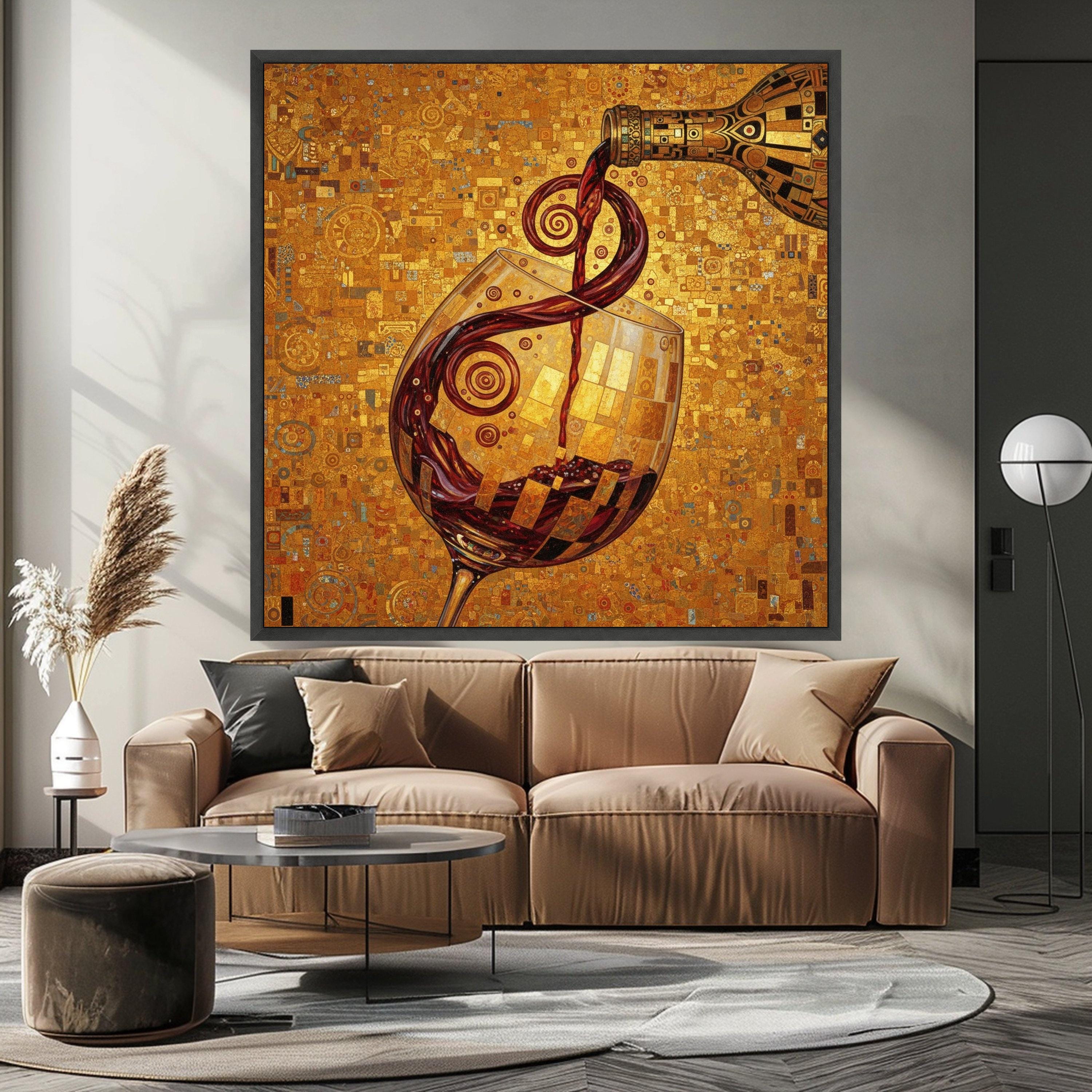 Gustav Klimt Wine Pour Canvas, Decorative Wine Glass Wall Art, Abstract Golden Background, Alcohol Beverage Canvas, Home Bar Ready To Hang,