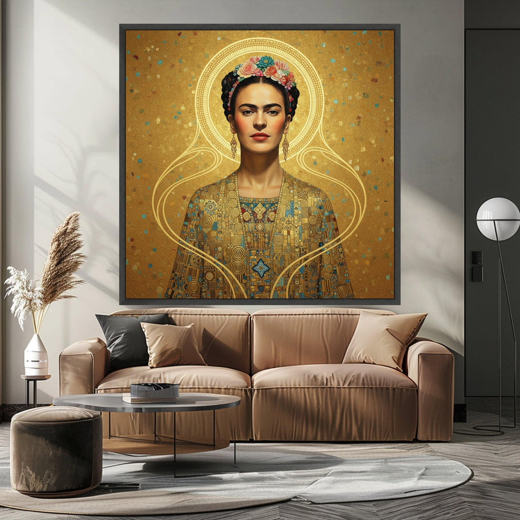 Gustav Klimt Inspired Portrait Canvas, Golden Geometric Pattern Wall Art, Decorative Female Figure, Luxe Home Decoration Ready To Hang,
