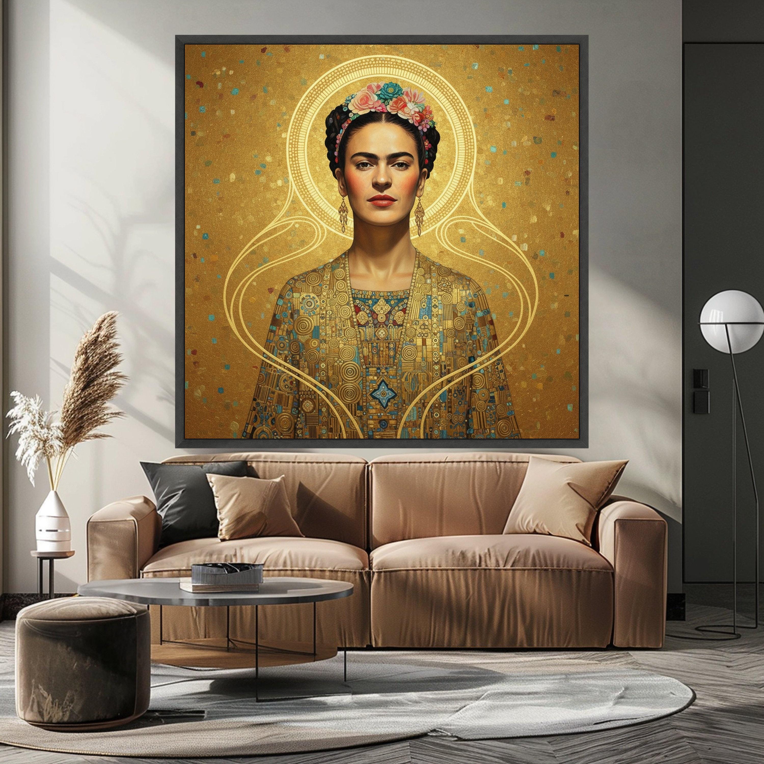 Gustav Klimt Inspired Portrait Canvas, Golden Geometric Pattern Wall Art, Decorative Female Figure, Luxe Home Decoration Ready To Hang,