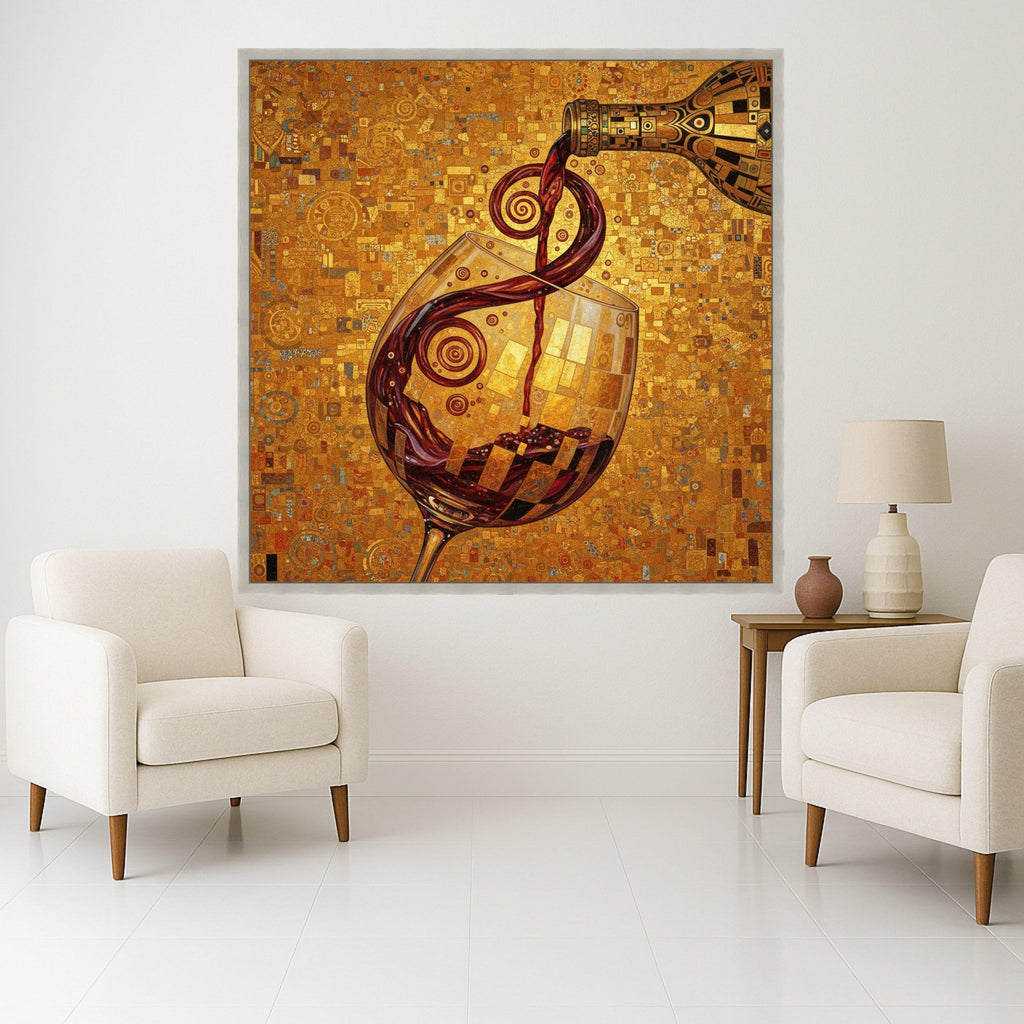 Gustav Klimt Wine Pour Canvas, Decorative Wine Glass Wall Art, Abstract Golden Background, Alcohol Beverage Canvas, Home Bar Ready To Hang,