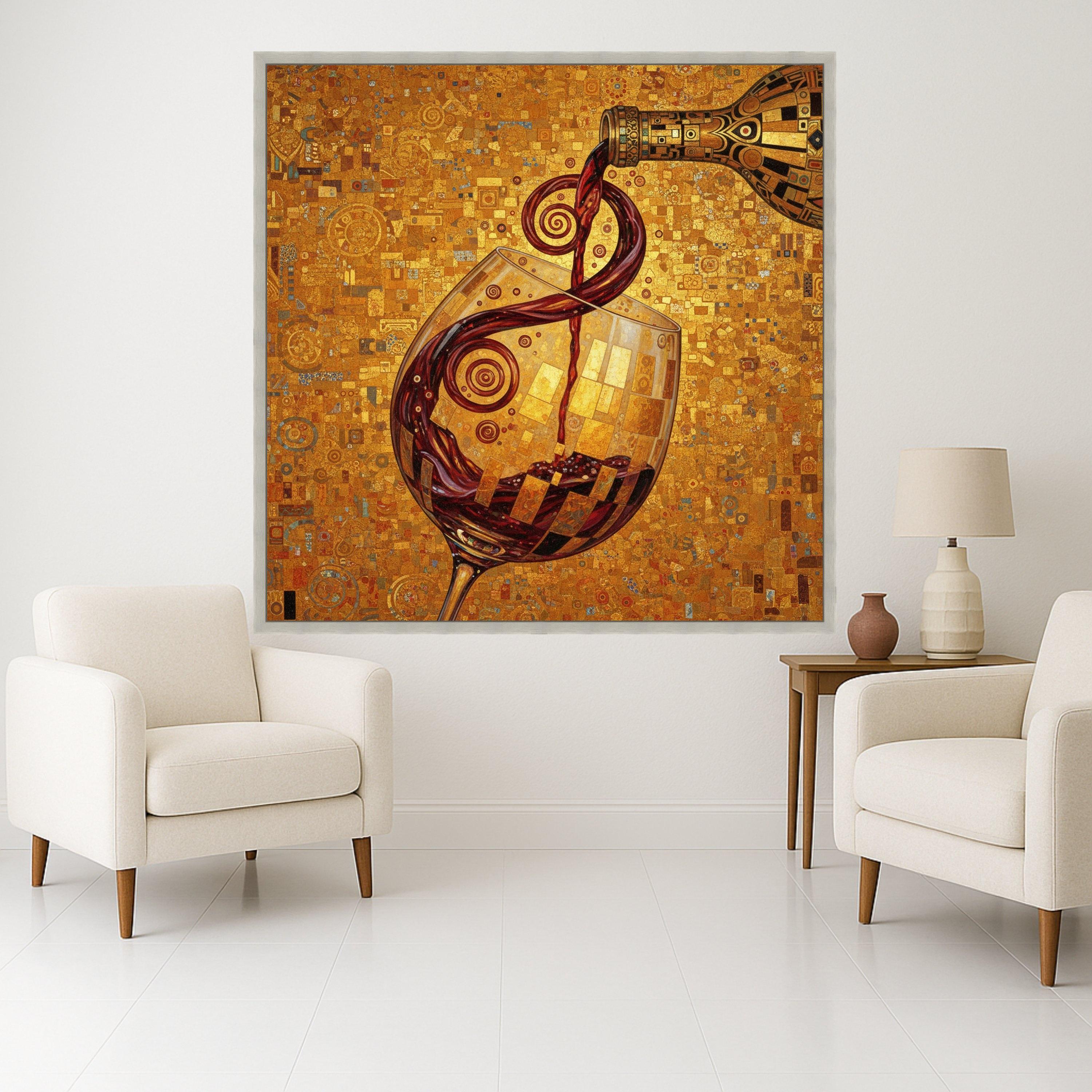 Gustav Klimt Wine Pour Canvas, Decorative Wine Glass Wall Art, Abstract Golden Background, Alcohol Beverage Canvas, Home Bar Ready To Hang,