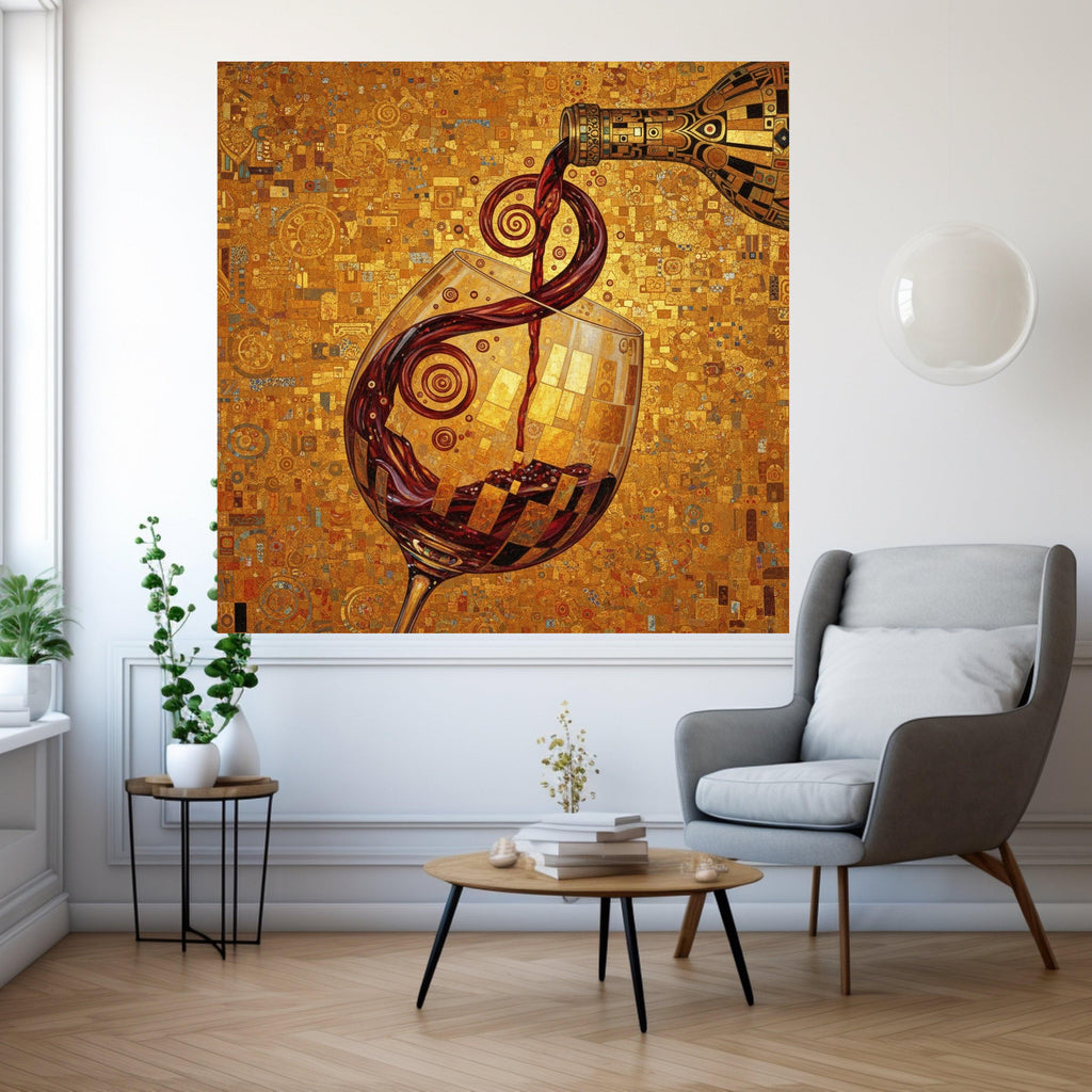 Gustav Klimt Wine Pour Canvas, Decorative Wine Glass Wall Art, Abstract Golden Background, Alcohol Beverage Canvas, Home Bar Ready To Hang,