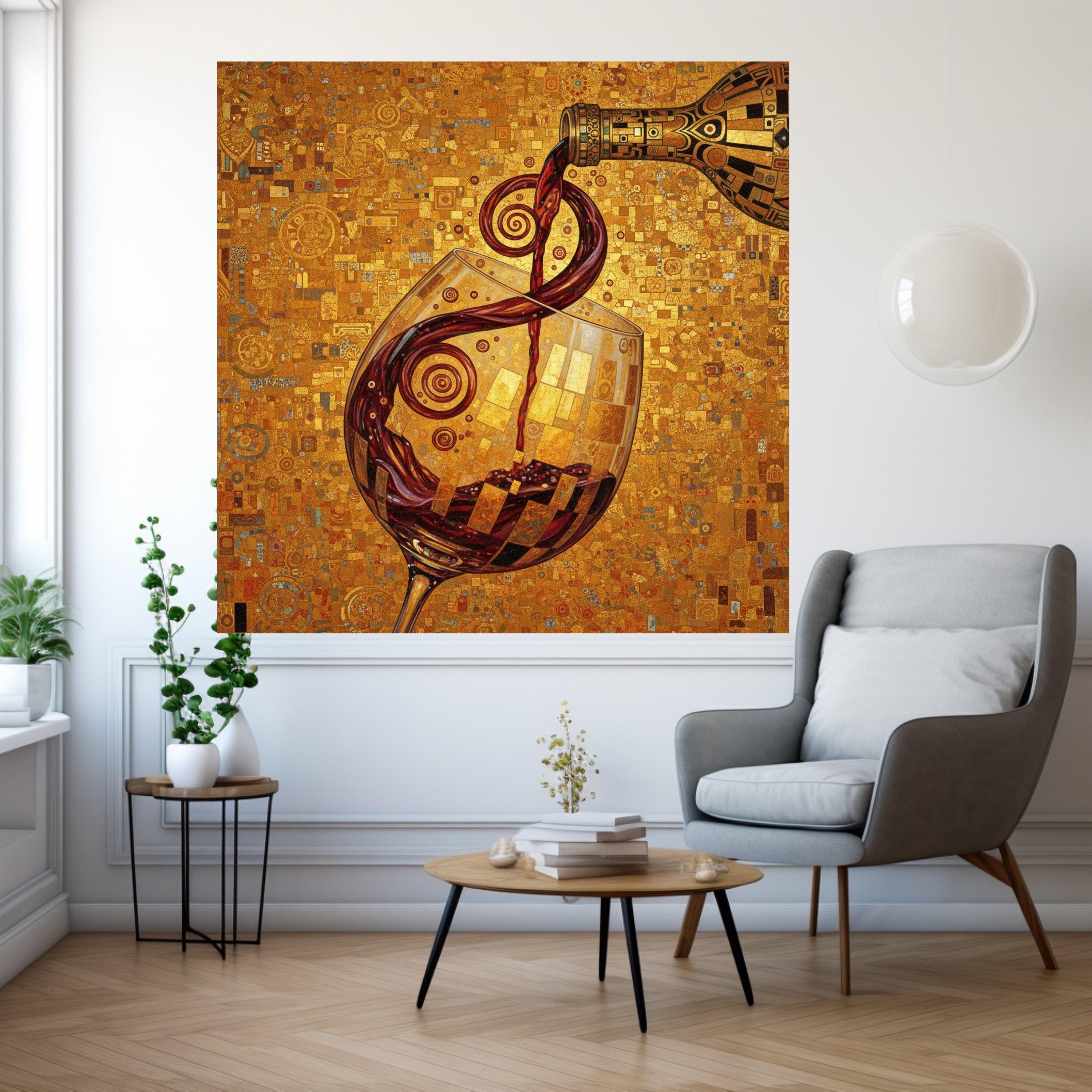 Gustav Klimt Wine Pour Canvas, Decorative Wine Glass Wall Art, Abstract Golden Background, Alcohol Beverage Canvas, Home Bar Ready To Hang,
