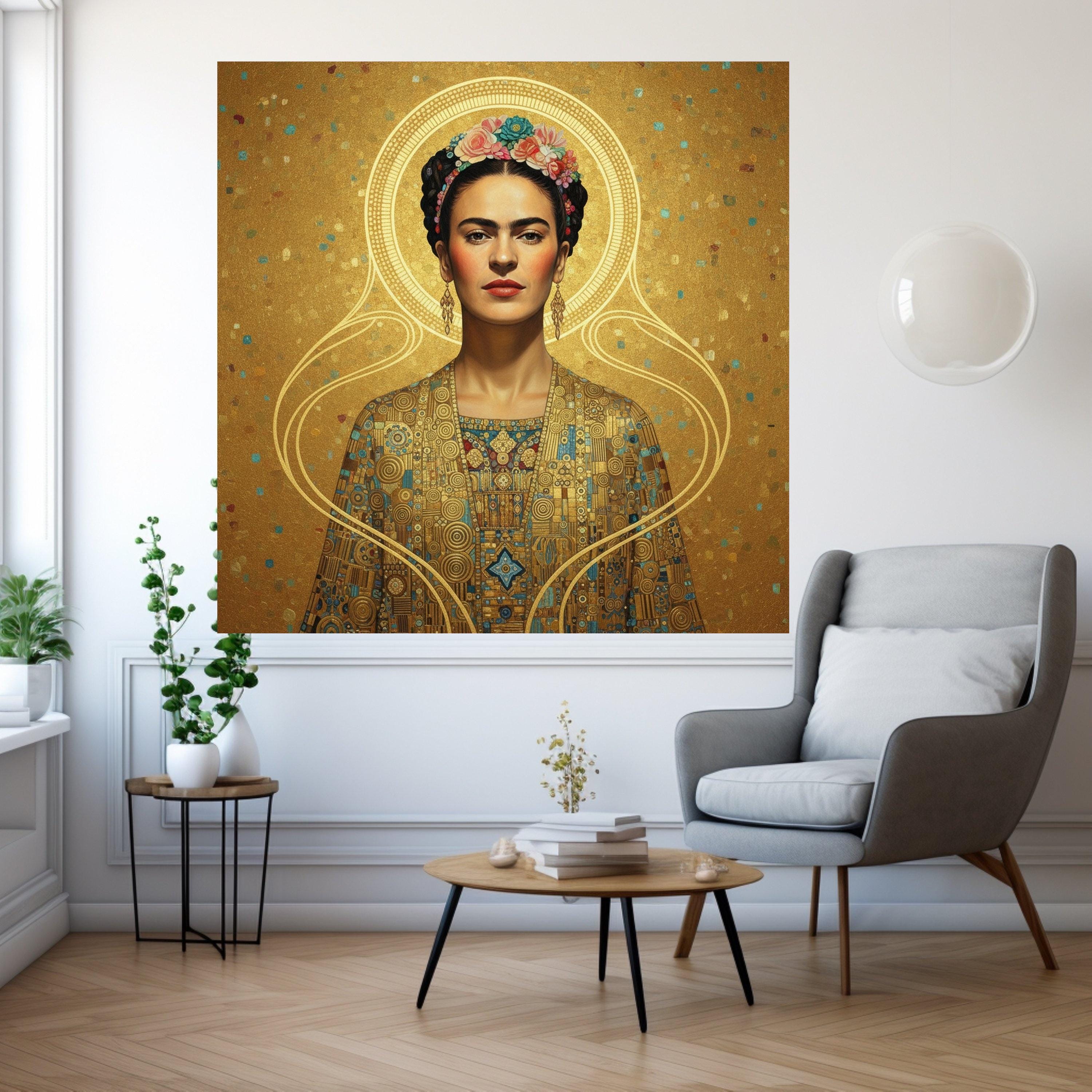 Gustav Klimt Inspired Portrait Canvas, Golden Geometric Pattern Wall Art, Decorative Female Figure, Luxe Home Decoration Ready To Hang,