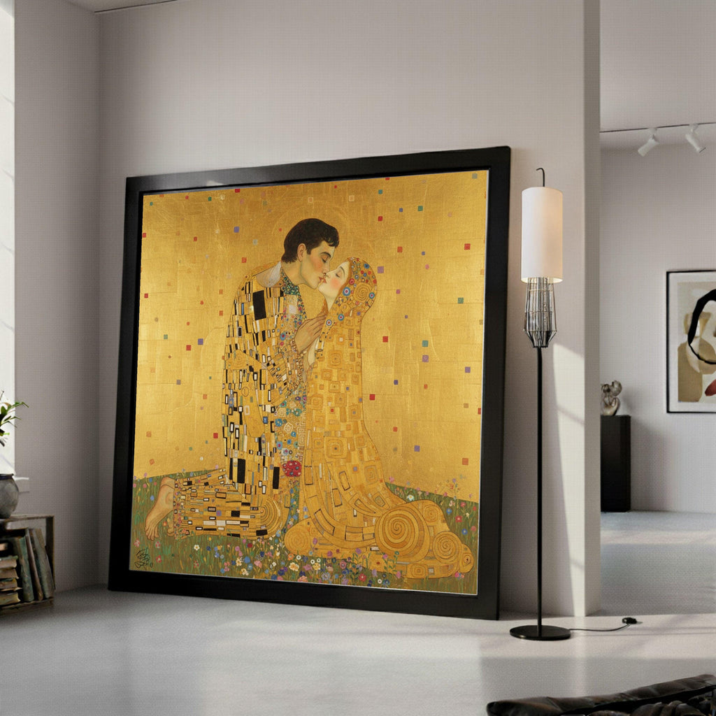 Gustav Klimt The Kiss Canvas Wall Art, Romantic Gold Leaf Painting, Lovers Embrace Canvas, Decorative Art for Home, Ready to Ready To Hang,