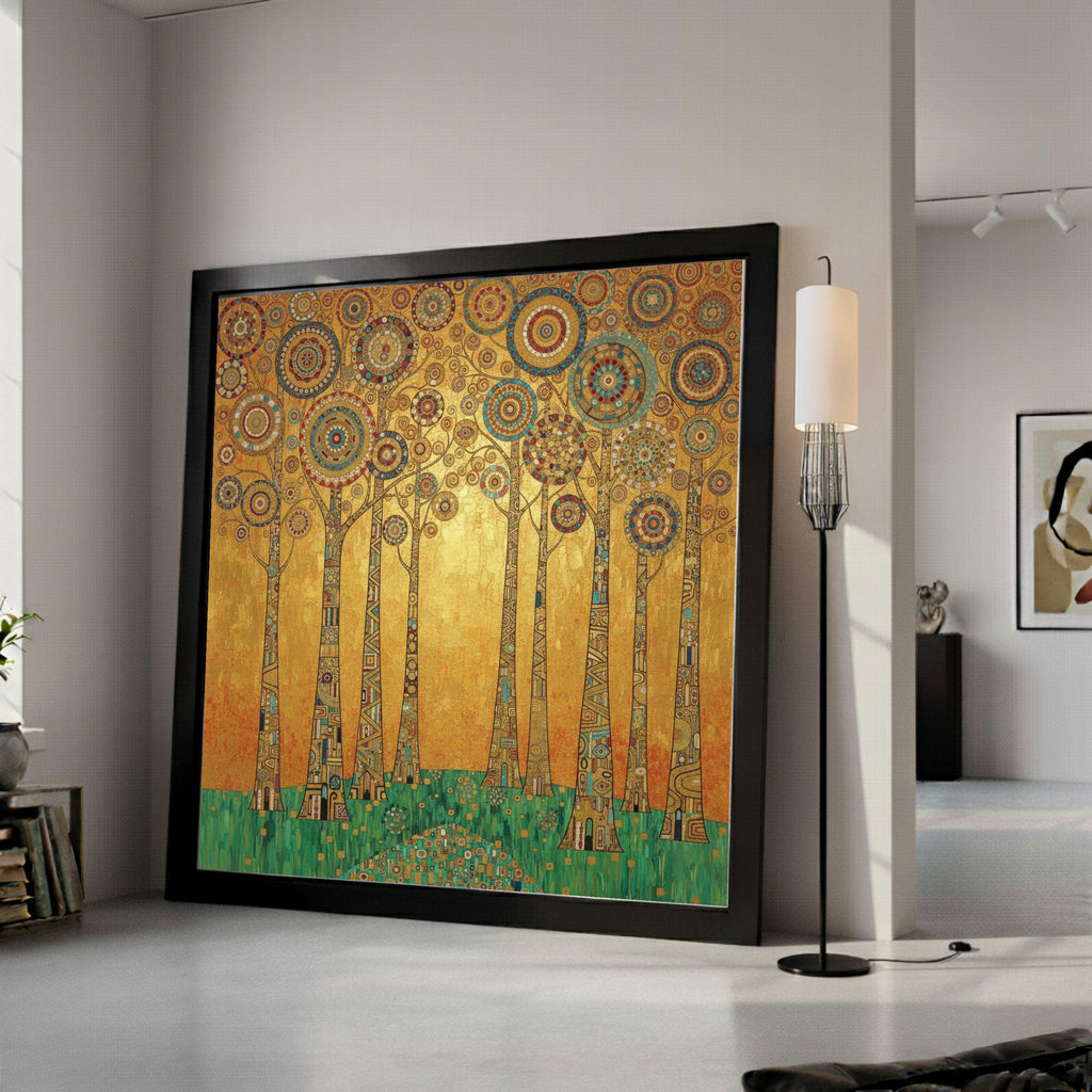 Gustav Klimt Trees Canvas Wall Art, Geometric Forest Print, Abstract Nature Painting, Golden Home Decor, Modern Wall Ready To Hang,