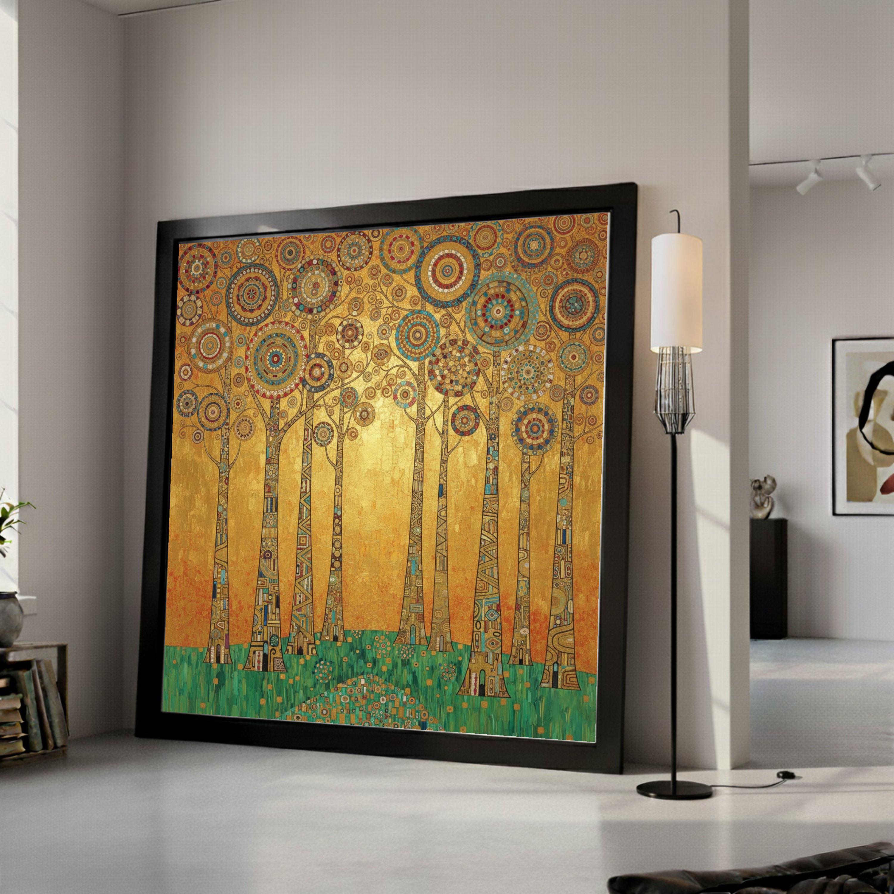 Gustav Klimt Trees Canvas Wall Art, Geometric Forest Print, Abstract Nature Painting, Golden Home Decor, Modern Wall Ready To Hang,