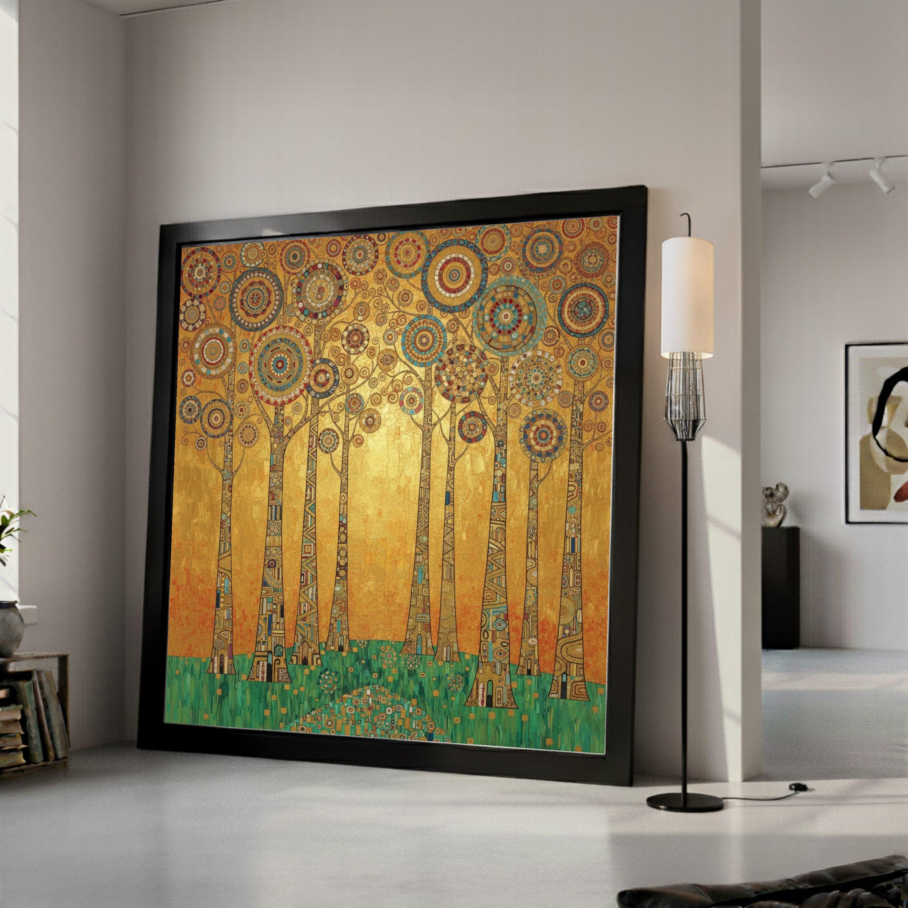 Gustav Klimt Trees Canvas Wall Art, Geometric Forest Print, Abstract Nature Painting, Golden Home Decor, Modern Wall Ready To Hang,