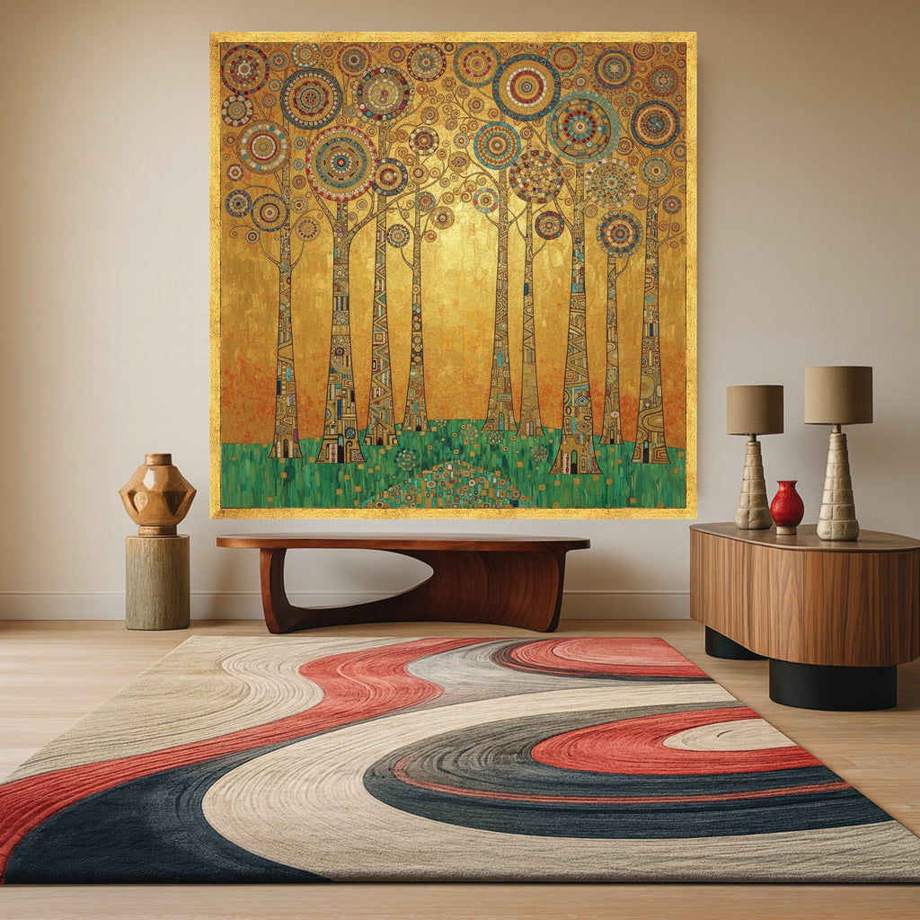 Gustav Klimt Trees Canvas Wall Art, Geometric Forest Print, Abstract Nature Painting, Golden Home Decor, Modern Wall Ready To Hang,