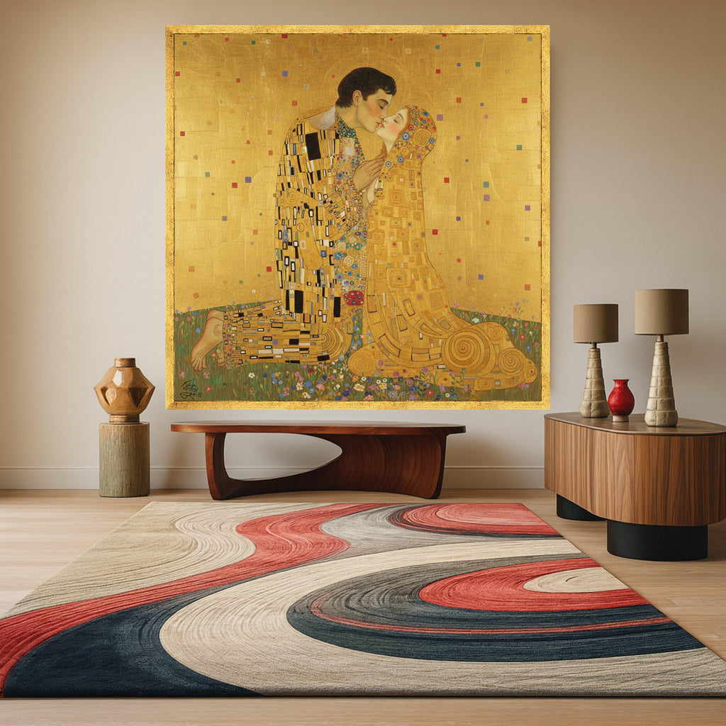 Gustav Klimt The Kiss Canvas Wall Art, Romantic Gold Leaf Painting, Lovers Embrace Canvas, Decorative Art for Home, Ready to Ready To Hang,