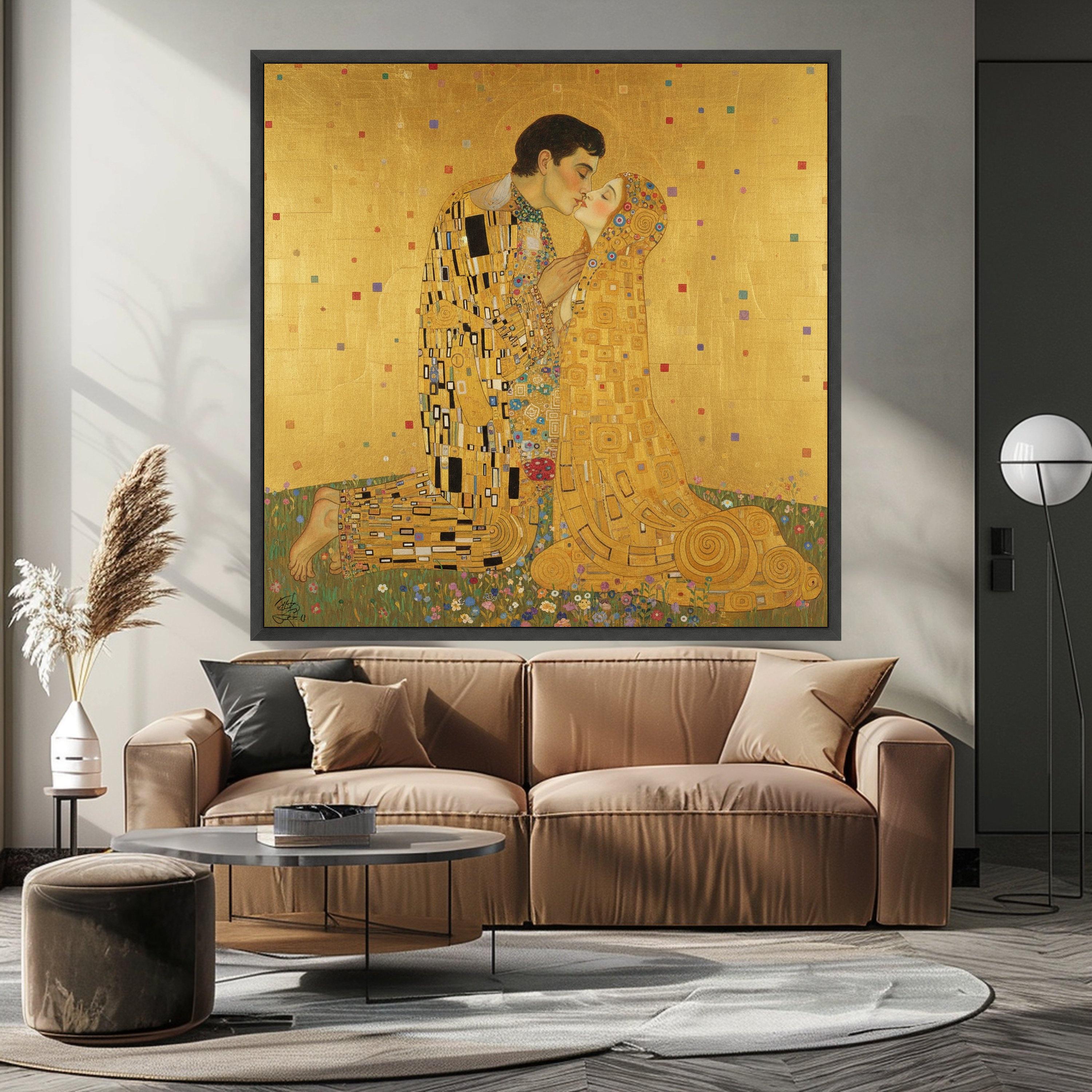 Gustav Klimt The Kiss Canvas Wall Art, Romantic Gold Leaf Painting, Lovers Embrace Canvas, Decorative Art for Home, Ready to Ready To Hang,
