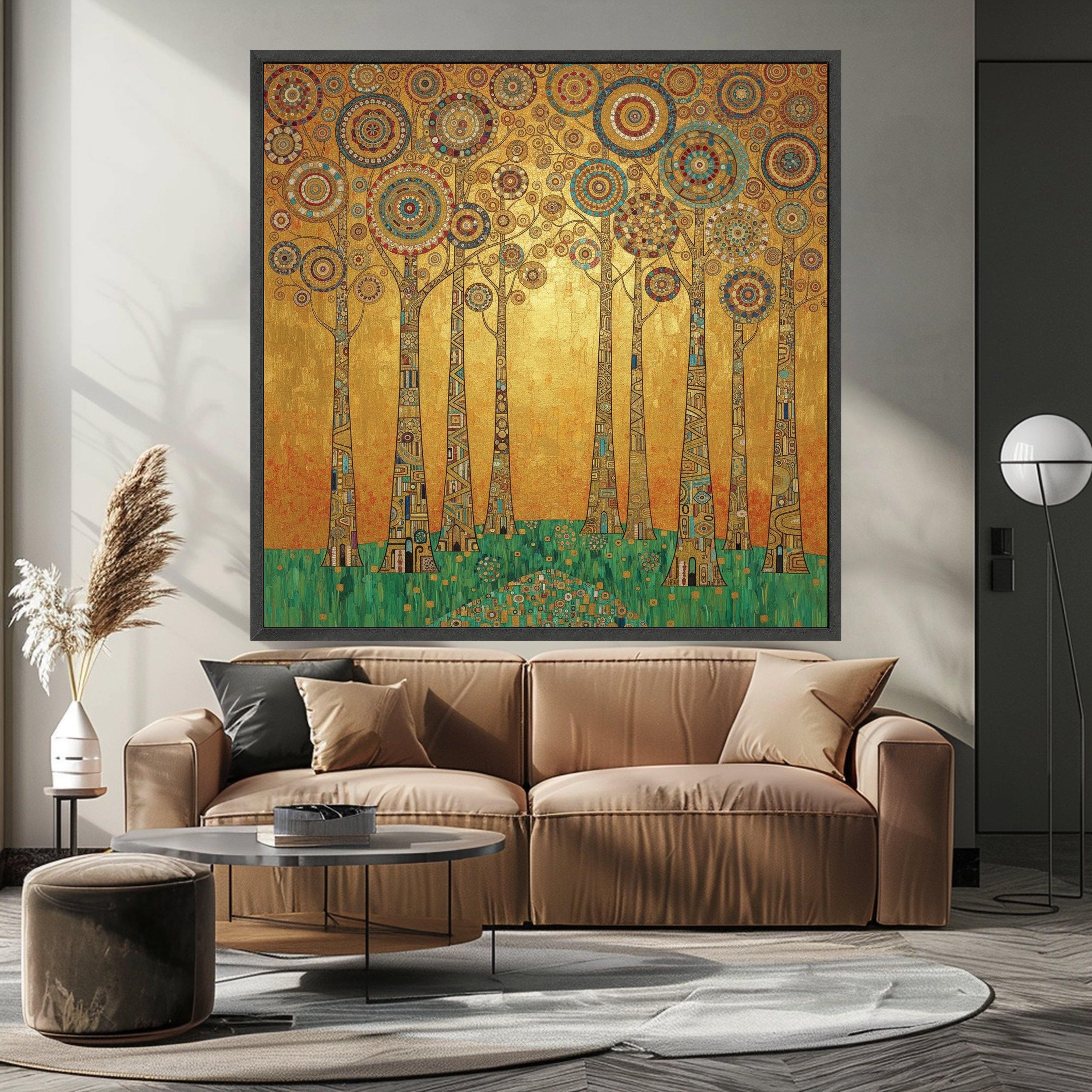 Gustav Klimt Trees Canvas Wall Art, Geometric Forest Print, Abstract Nature Painting, Golden Home Decor, Modern Wall Ready To Hang,