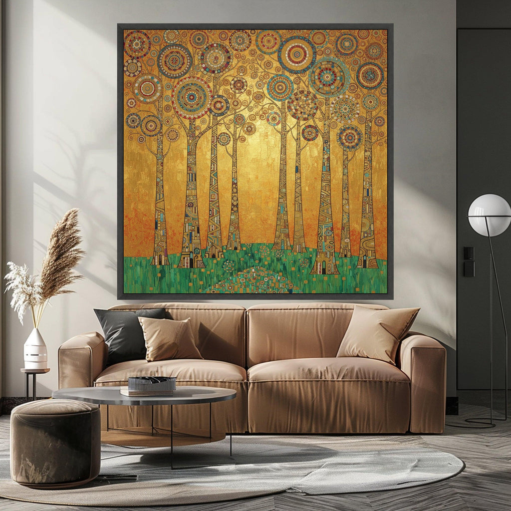 Gustav Klimt Trees Canvas Wall Art, Geometric Forest Print, Abstract Nature Painting, Golden Home Decor, Modern Wall Ready To Hang,