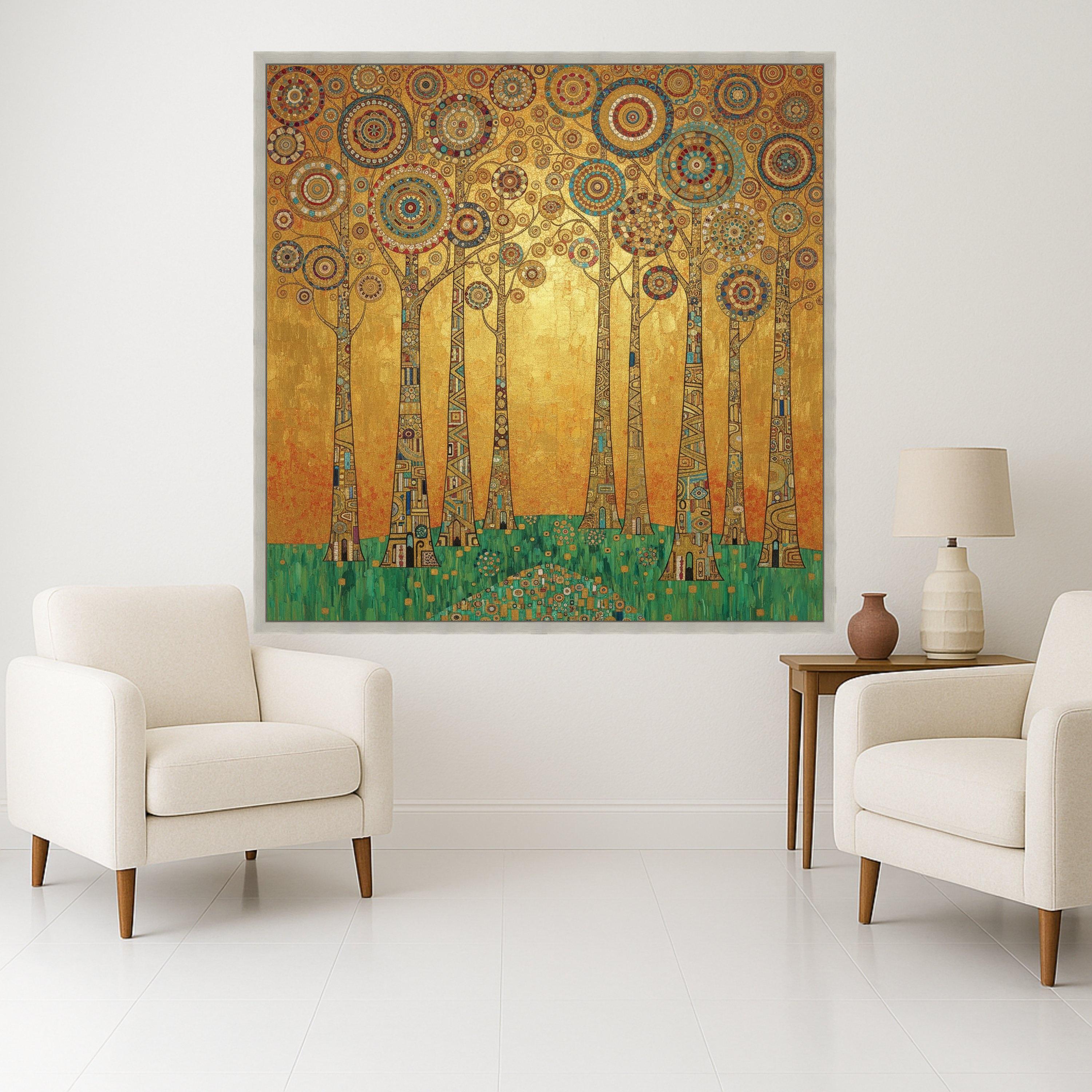 Gustav Klimt Trees Canvas Wall Art, Geometric Forest Print, Abstract Nature Painting, Golden Home Decor, Modern Wall Ready To Hang,