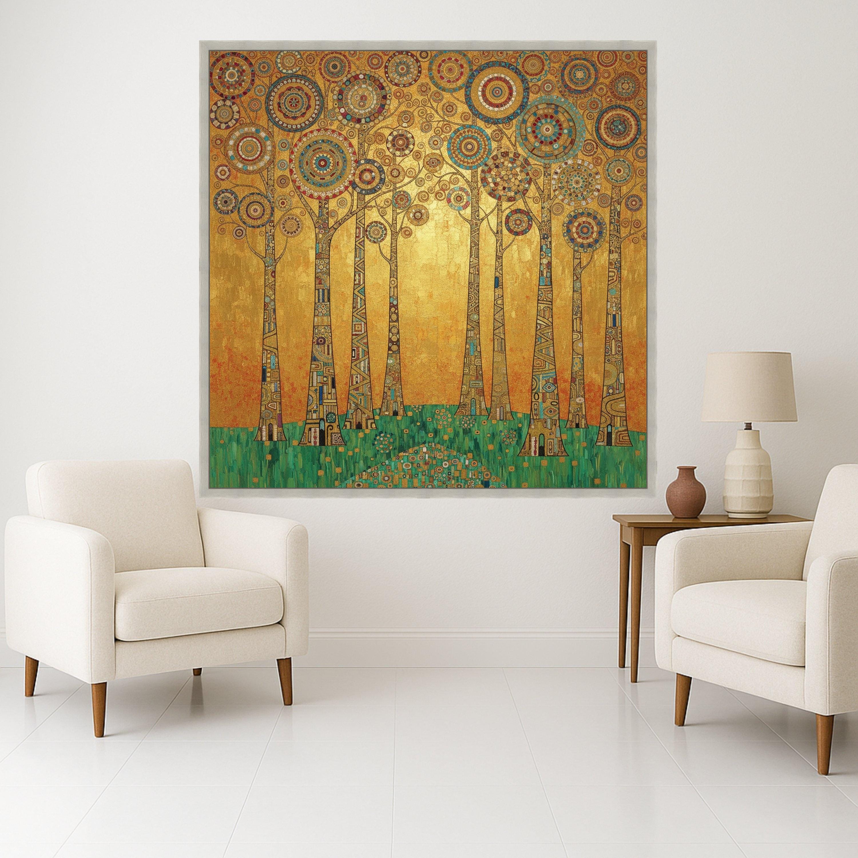 Gustav Klimt Trees Canvas Wall Art, Geometric Forest Print, Abstract Nature Painting, Golden Home Decor, Modern Wall Ready To Hang,