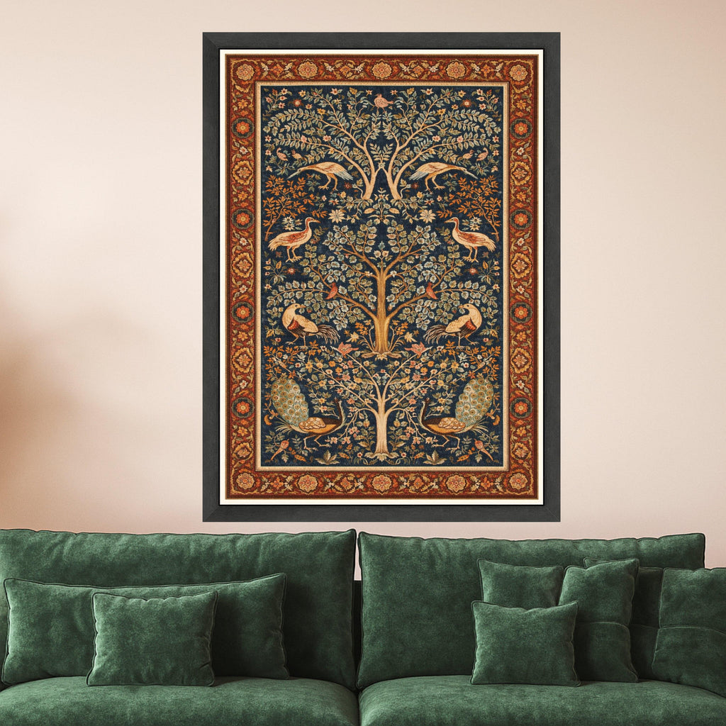 Ornate Tree of Life Canvas, Vintage Peacock & Crane Wall Art, Floral Botanical Tapestry Design, Elegant Nature Canvas Ready To Hang,