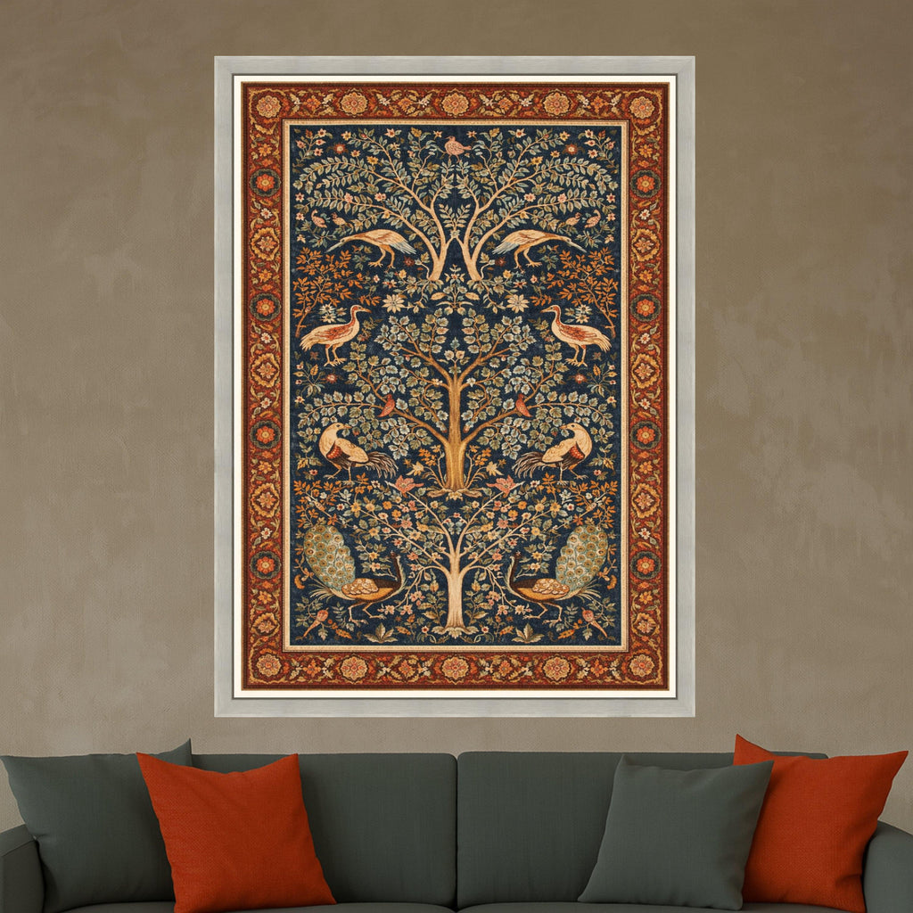 Ornate Tree of Life Canvas, Vintage Peacock & Crane Wall Art, Floral Botanical Tapestry Design, Elegant Nature Canvas Ready To Hang,
